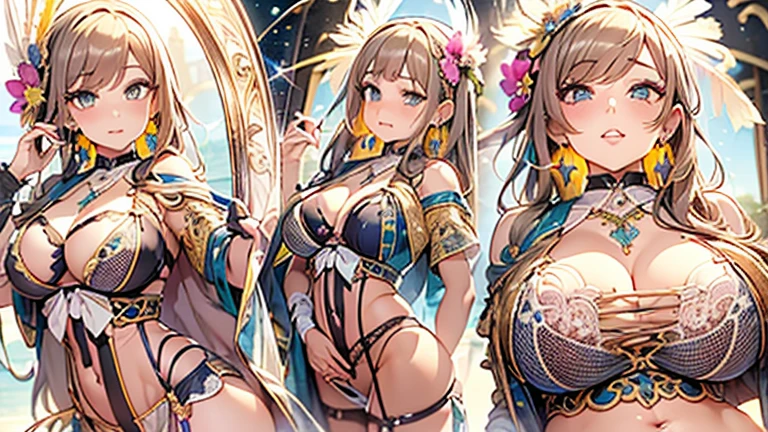 過去最高のmasterpiece、beautiful美しさ, 3D two-dimensional, rich, blonde, skirt, stockings, high heels, star、(Highly detailed CG Unity 8K wallpaper),(masterpiece), (最高quality), (Super detailed), (best work),(best shadow), (sharp eyeliner, eye shadow, fine eye:1.1), (超High resolution,realistic,最高quality,realistic),(8K,RAW photo,最高quality,star),mature woman、sensual curves、huge breasts、thighs、bubble、お尻のmasterpiece, 最高quality, Super detailed, full body shot, mature woman, beautiful mature woman, nightgown and underwear, enchanting smile, thick lips, Chubby lips, blush, looking at the viewer, provocative expression, beautifulhair型, cleavage, Plump、curvy hips、attractive face、sexy lingerie、an inviting gaze、Expression of emotions、Lewd underwear、(((erotic see-through lingerie set)))、Standing position、gorgeous accessories 、big breastsの女性, bare shoulders, 金色のhair, colored feather, metal ornaments, colored flowers, particle, light, (masterpiece, 最高quality, 最高quality, official art, beautiful and aesthetic:1.2), (1 girl:1.3), very detailed,(fractal art:1.1),(colorful:1.1)、(flowers:1.3),most detailed,(zentangle:1.2), (dynamic pose), (abstract background:1.3), (shiny skin), (lots of colors :1.4), ,(earrings:1.4), (feather:1.4),masterpiece, 最高quality, Super detailed, 30~40 years, full body shot, beautiful 、さまざまなhair型，gold headband，plump breasts，beautiful，greek clothing，Tulle covers the breasts，perfectly proportioned, detailed clothing details,marble，god statue，cinematic lighting, film grain, 8K, masterpiece, Super detailed, high detail, 高quality, High resolution,(((NSFW:1.2)))、exposed chest、Openwork decoration，(((see through dress)))、(((解剖学的に正しいbody))) , 最高quality, Super detailed, (((Lewd underwear)))、raise your butt, from below, (((R-18)))、thighs, big breasts, Are standing, cowboy shot, blush, (((1 girl))), (masterpiece:1.3), (High resolution), (8K), (very detailed), perfect face, Nice eye and face, (((最高quality))), (Super detailed), detailed face and eye, (alone), beautifuleye,(((sexy pose)))、(((整ったbig breasts)))、((beautiful eye))、luxury、(((超High resolution)))、(((detailed description)))、(((ぽっちゃりbody型)))、(((解剖学的構造に一致したbodyの部位)))、beautiful長いまつ毛、バランスのとれたbody型,2 feet、Just the right size for your legs and arms、Fishnet tights、glamorous、(((Clear white and black eye)))、lipstick、Sparkling、(Undistorted face, eye, body)、jewelry、gem、(長くカールしたbeautifulまつ毛)、(((バランス良いbeautiful胸)))、(transparent, Exquisite skin:1.2)、(((完璧なglamorousボディー)))、actress face、Super beautiful、Cute smile、Healing beauty、Flower shower、完璧なeye、realistic depiction、Super sexy、glossy、Glamorous、double eyelids、Good dark makeup、makeup、ぼやけていないeye , expensive_quality, expensive_solve, masterpiece*I wore, whitespace, colorful, 1 girl, alone, white_hair, prism hair, [pink|green] eye, gradient eye, multicolored eye, shine eye, shine, Sparkling, shine white particles, wind lift, full_body, Severe,