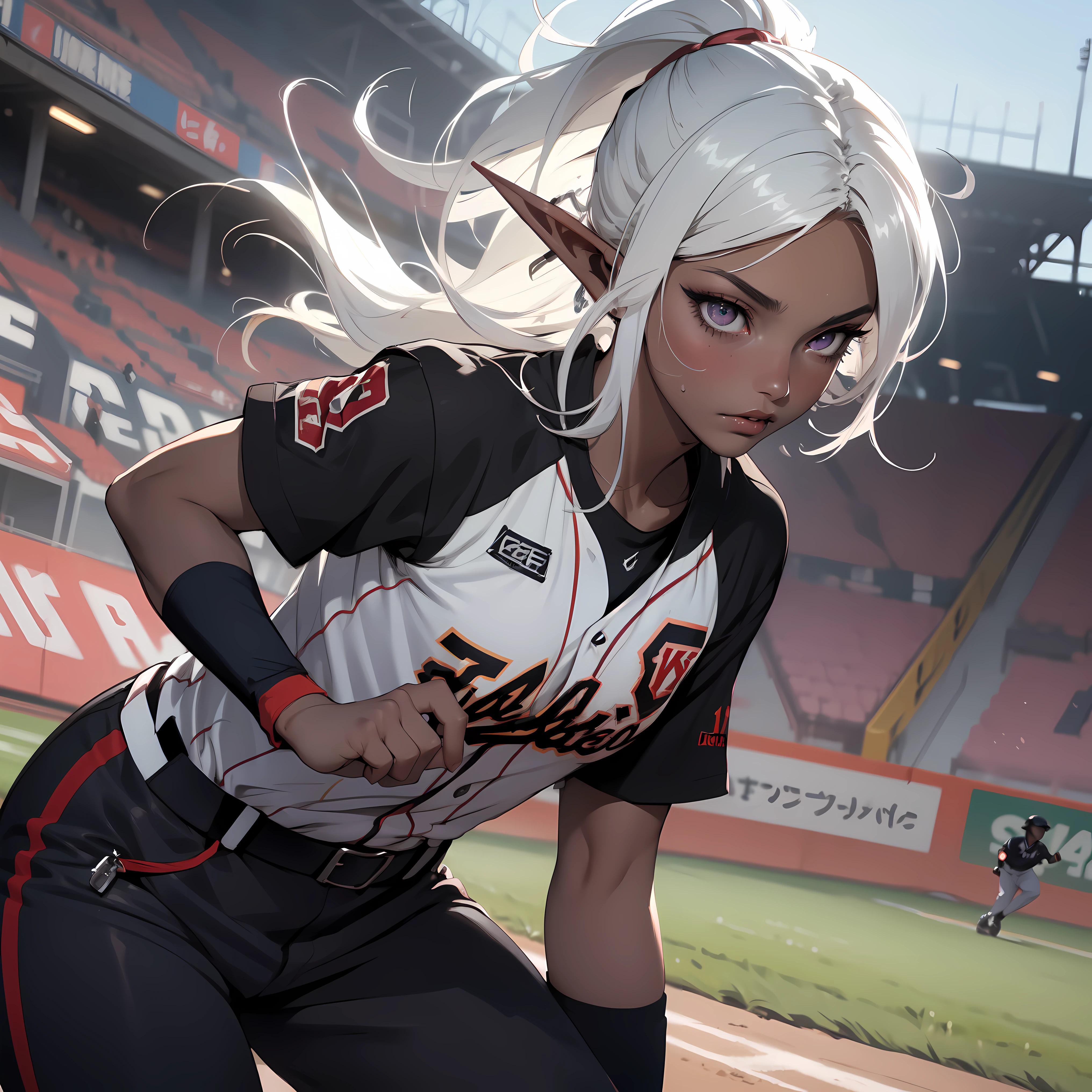 ((masterpiece)), (top quality), (best quality), ((ultra-detailed, 8k quality)), Cinematic lighting, soft semi-backlit light, (detailed line art), absurdres, (best composition), (high-resolution), Aesthetics,
BREAK,
(baseball ground:1.4), (greyscale background:1.1), (baseball uniforms, long pants:1.2), (baseball glove and medium ball:1.3), playing, (dark elf), ((adult girl)), dynamic angle, sweat, sparkling, action-lines, motion-blur, wind-effect, dust-effect,cinematic dramatic atmosphere, atmospheric perspective,
BREAK,
highly detailed of ((dark elf:1.4)), (1girl), solo, perfect face, details eye, ahoge, ponytail, white shining hair, (forehead), medium hair, [[floating hair]], violet eyes, shining eyes, (beautiful detailed eyelashes, eyeshadow, pink eyeshadow), Concept art by Mikimoto Haruhiko, by Kawacy, By Yoshitaka Amano,
BREAK, 
((perfect ???????)), (perfect body), Abs, (medium breast), perfect hands, perfect face, beautiful face, beautiful eyes, perfect eyes, (perfect fingers, deatailed fingers), correct ???????, perfect legs, skinny, ((dark skin:1.2)),