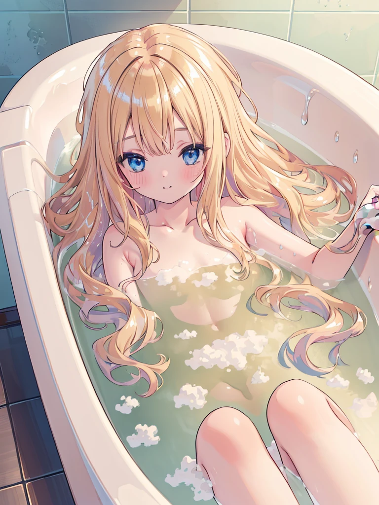 (,relax, elaborate Bathtub covered with Fluffy foam, from right above, high resolution, masterpiece, 8k, ultra-detailed:1.4), 1girl, Japanese idol, , , kawaii, peerless cute girl, take a bath, completely nude, photo realistic, photo realistic, photo realistic, (masterpiece,best quality:1.4),(8k,raw photo,photo realistic:1.2),Not Safe for Work, detailed skin, detailed face, cute face, , (raw photo, photo realistic: 1.2), masterpiece, top-quality,
(Face and legs out of the bathtub. , :1.2)
(lying on stomach, from behind),blue eyes, happy, red blush, medium bob, blonde hair, long hair, ((shiny wavy hair)), , , (curly hair:0.5)
