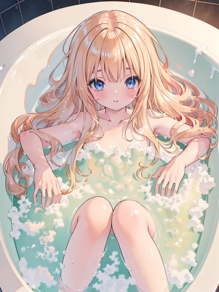 (,relax, elaborate Bathtub covered with Fluffy foam, from right above, high resolution, masterpiece, 8k, ultra-detailed:1.4), 1girl, Japanese idol, , , kawaii, peerless cute girl, take a bath, completely nude, photo realistic, photo realistic, photo realistic, (masterpiece,best quality:1.4),(8k,raw photo,photo realistic:1.2),Not Safe for Work, detailed skin, detailed face, cute face, , (raw photo, photo realistic: 1.2), masterpiece, top-quality,
(Face and legs out of the bathtub. , :1.2)
(lying on stomach, from behind),blue eyes, happy, red blush, medium bob, blonde hair, long hair, ((shiny wavy hair)), , , (curly hair:0.5)