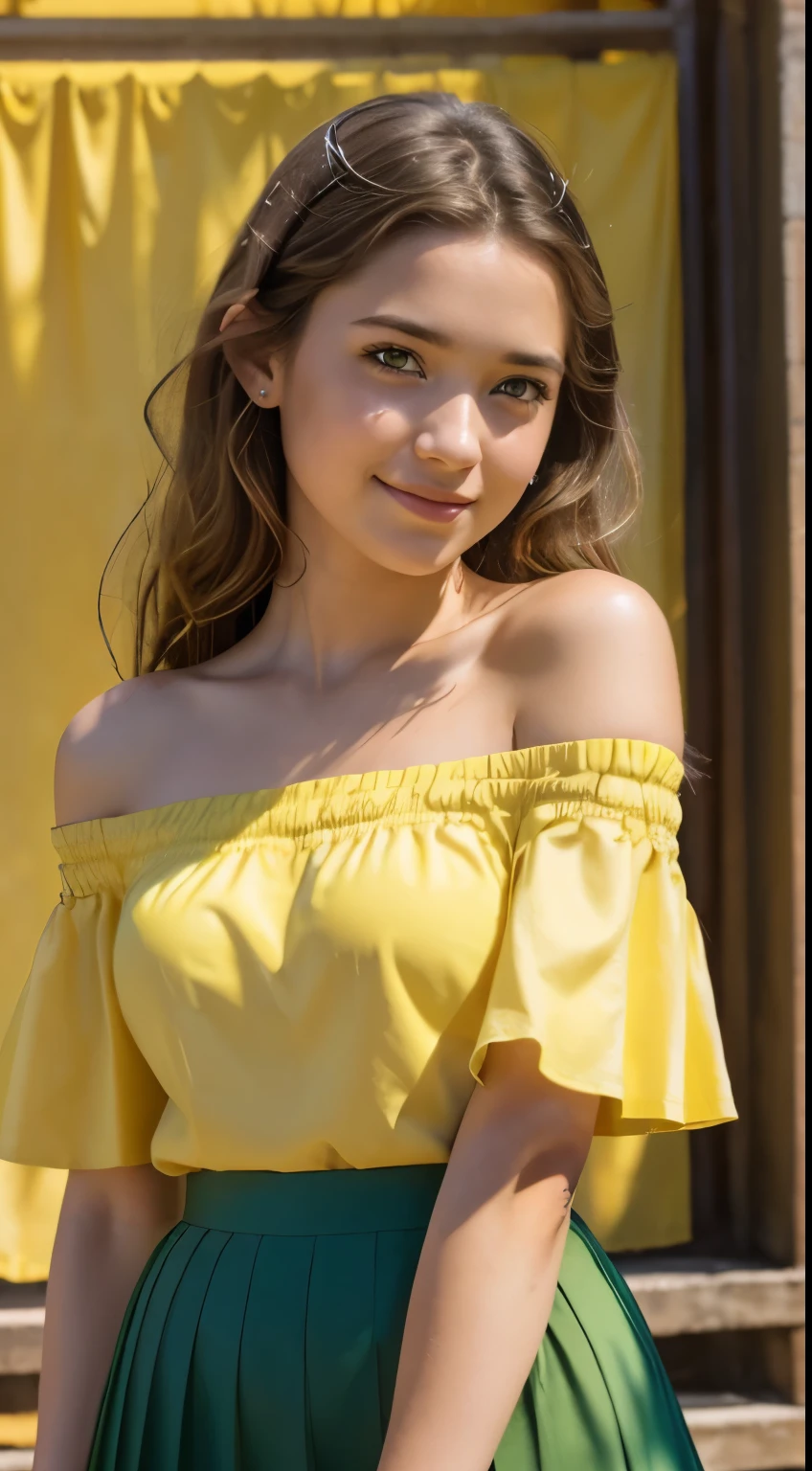 Foto hiperrealista en primer plano de Willa Fitzgerald, masterpiece, best quality, (photorealistic:1.4), full body, (yellow off-the-shoulder short sleeves blouse:1.2), (green green green  maxi maxi skirt:1.1), bare arms, heels, collage campus, sunny day, cinematic light, beautiful woman, skinny, small breasts, straight brown hair, detailed face, smile, photo taken from a distance, age 20 tears old