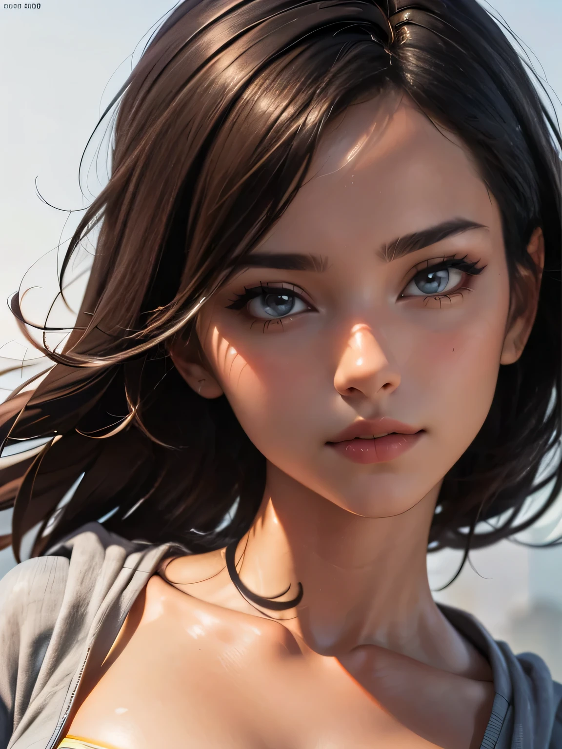 (((HD photo))), ultra high res.photorealistic:. 1.4, UHD, masterpiece, trending on artstation, frontal shot, close up, portrait, pretty, cute girl, most beautiful in the world, perfect hips, soft, delicate, long dark hair, large breasts, wearing grey hoodie, sunkissed, minimal background