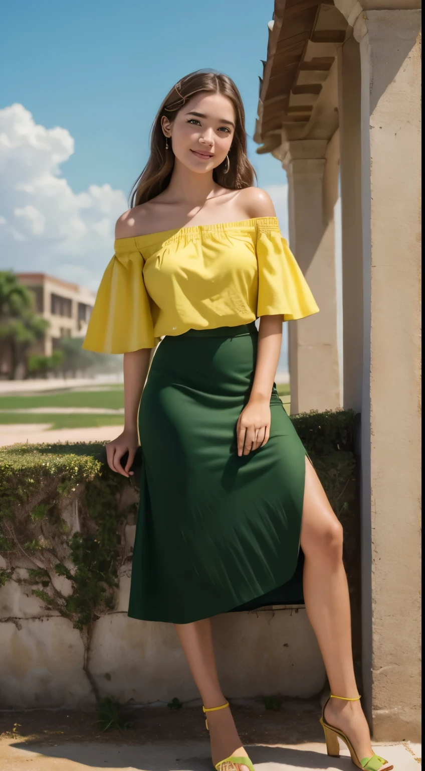 Foto hiperrealista en primer plano de Willa Fitzgerald, masterpiece, best quality, (photorealistic:1.4), full body, (yellow off-the-shoulder short sleeves blouse:1.2), (green green green maxi maxi skirt:1.1), bare arms, heels, collage campus, sunny day, cinematic light, beautiful woman, skinny, small breasts, straight brown hair, detailed face, smile, photo taken from a distance, age 20 tears old