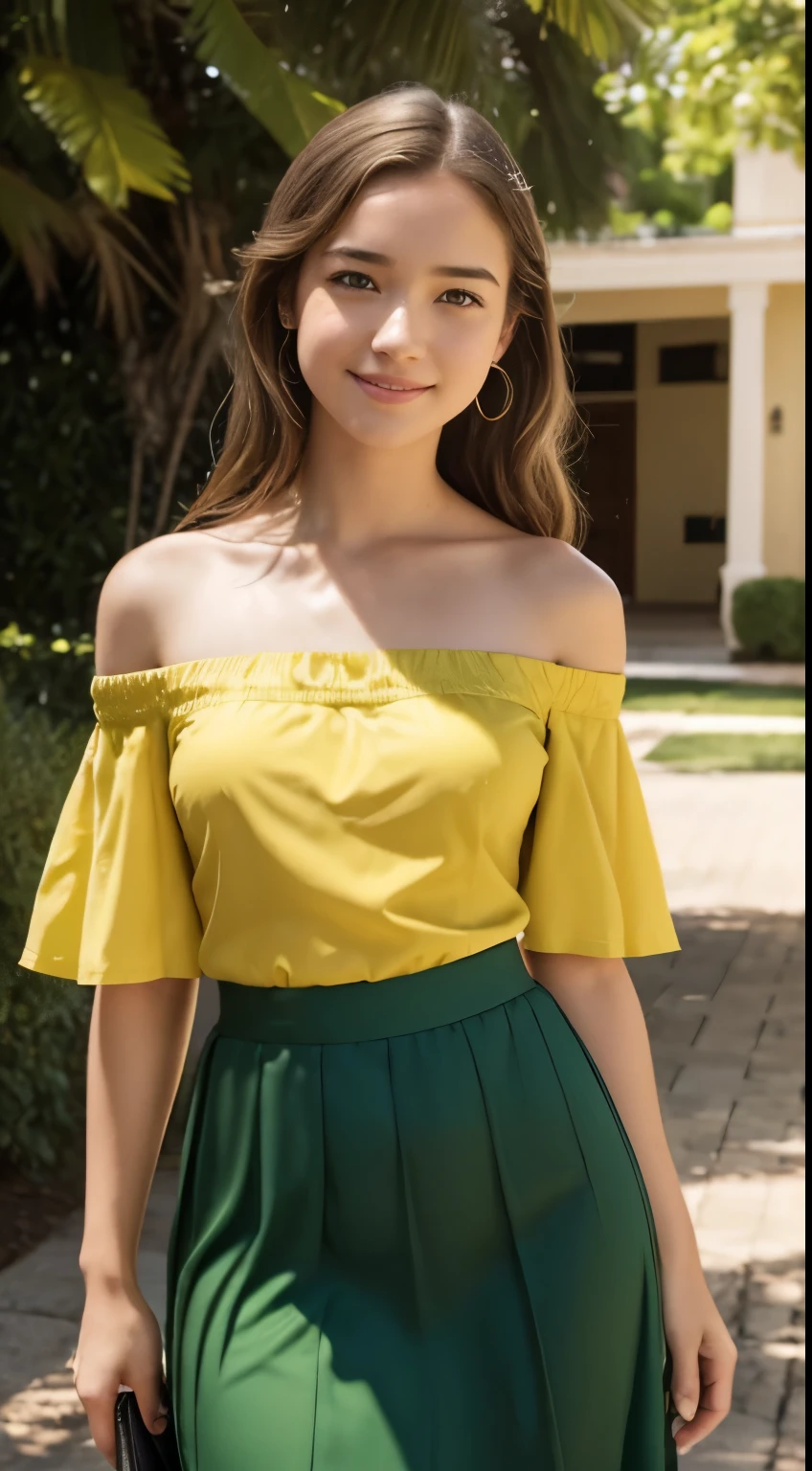 Foto hiperrealista en primer plano de Willa Fitzgerald, masterpiece, best quality, (photorealistic:1.4), full body, (yellow off-the-shoulder short sleeves blouse:1.2), (green green green maxi maxi skirt:1.1), bare arms, heels, collage campus, sunny day, cinematic light, beautiful woman, skinny, small breasts, straight brown hair, detailed face, smile, photo taken from a distance, age 20 tears old