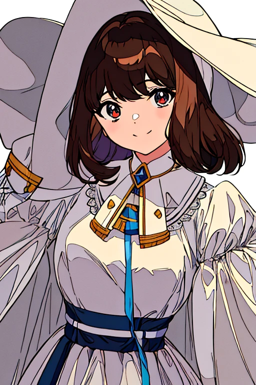 masterpiece, Best_Quality, flat_color, Limited_Palette, low_contrast,(Clear line), masterpiece, Лучшее Quality;1.3), ultra detailed, 1 girl, One, smile, Looking at the viewer, White background, girl with medium length hair, коричневый color, curtain bangs, челка слегка розоватого colorа, white wide dress, White gloves, Brown hair