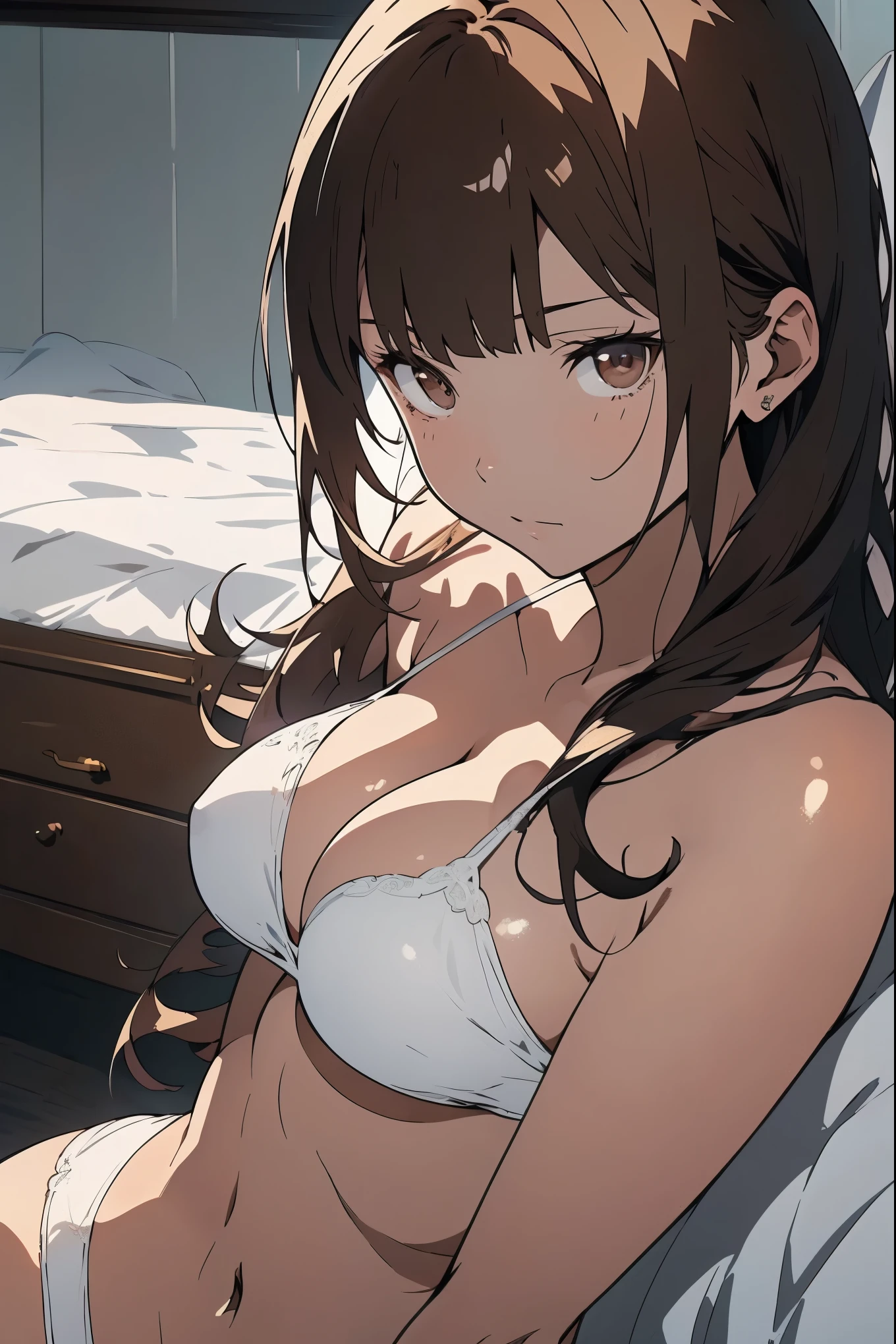 (simple massage bed、white sheets、Simple room,Massage room)、(masterpiece,Best Quality,Detailed beautiful face and eyes:1.3,Perfect Anatomy:1.3,beautiful illustrations,best anime:1.3),cowboy shot,(1woman,solo),(18 year old beauty,Beautiful woman wears a white bikini:1.3,Apply massage oil to your body)、brown hair、long hair ,blunt bangs,brown eyes,shy look,perfect proportion,slender body,skinny,medium breasts,((gleaming skin:1.5,oliy skin:1.5,shiny skin)),sitting、