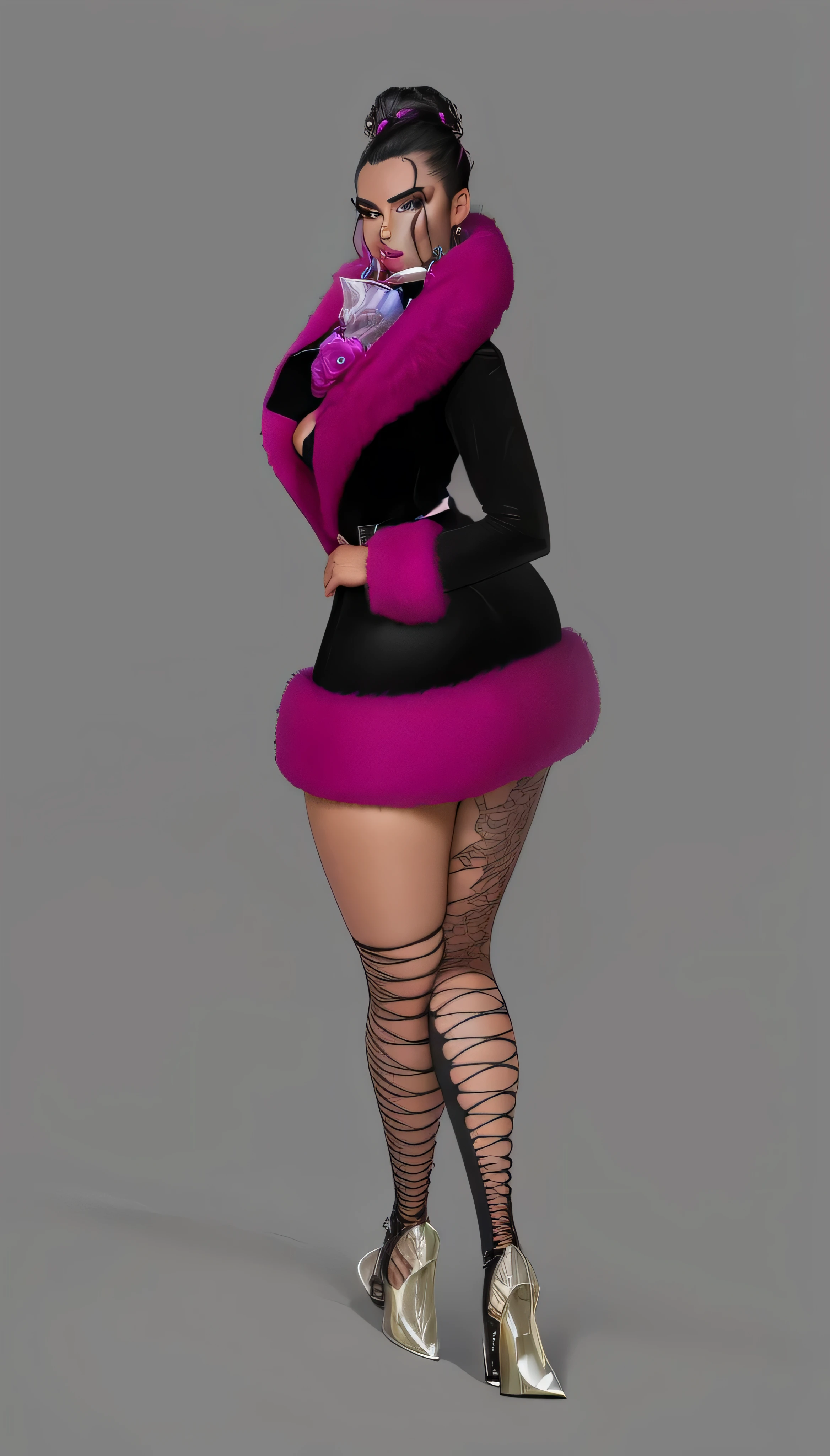araffe woman in a pink coat and black dress posing for a picture, fuchsia skin, glamor profile pose, fuschia skin, full pose, elegant glamor pose, glamor pose, glamour fashion pose, glamorous fashion pose, lacivious pose, full body! shot, alluring mesmer woman, smooth fuschia skin Angry Face, Fur Coat Dress, ,((Best Quality, 8k, Masterpiece:1.3))), Crisp Focus: 1.2、(Layer Cut, Big:1.2),Beautiful Woman with Perfect Figure: 1.4、Slender Abs:1.2、Wet Body:2.5、Shiny Dewy skin on Highly Detailed Face and Skin Texture、Detailed Eyes、Double Eyelids, Bantu Knots Updo