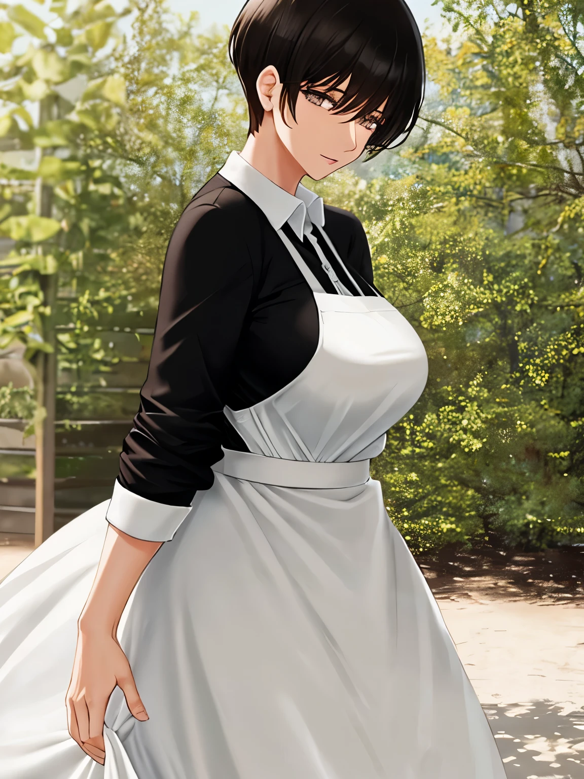 mother, milf, white shirt, brown apron, black skirt, long skirt, short hair, pixie cut, mature female, black hair