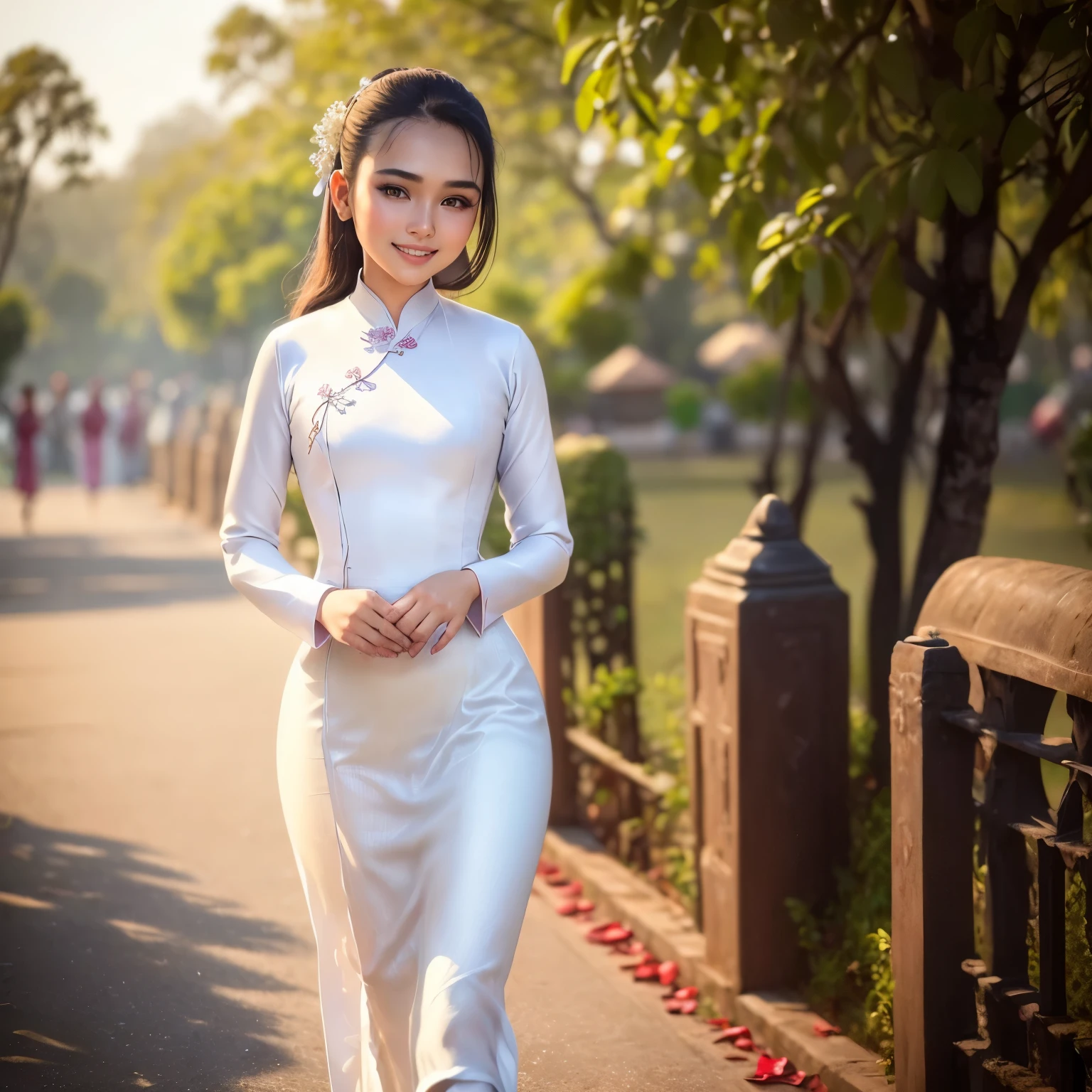 (8k, RAW photo, best quality, masterpiece:1.2), High detail RAW color photo, professional photograph,(realistic, photo realistic:1.2), ((best quality)), 1 girl, cinematic light, HDR, (finely detailed face:1.2), (masterpiece:1.5), (best quality:1.2), (smiling:1.2), (looking at viewer:1.2), (Vietnamese women:1.4), beautiful, cute like a doll, 16 years old, (warm smile:1.2),small nostrils,  (traditional ao dai:1.3), (unadorned plain white ao dai:1.3),vietnamese high school uniform, long-sleeved,(ornament-free:1.2),white pants,medium bust, narrow waist, upper body,light makeup, big round eyes,long-sleeved,shallow depth of field, focus on the eyes, crowded street at Ho Chi Minh city, full body