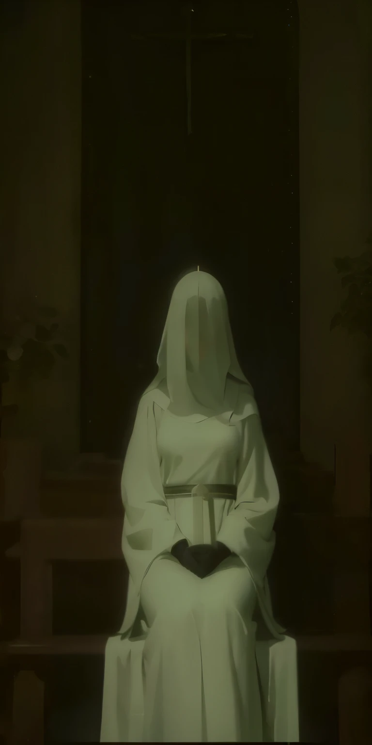 there is a woman sitting in a pew in a church, billie eilish como uma freira triste, Makoto Shinkai, e o mal agora, billie eilish como freira, artwork in the style of Guweiz, nun, Guweiz masterpiece, Guweiz, krenzcushart, inspirado em Georges de La Tour, Mary in a sanctuary