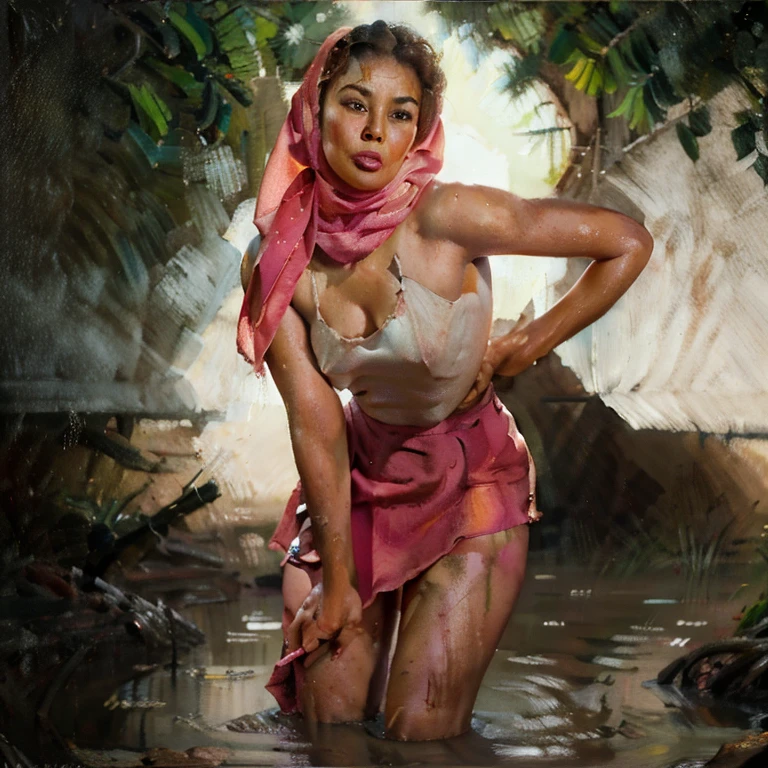 Typhoon, photorealistic full body portrait. amazingly cute malay woman with torn pink pastel shawl style hijab in her twenties crying against the background of fantastic jungle and muddy ground, clear white skin, wet and muddy, scratches everywhere, face dirty with torn ripped dirty hijab, bare feet without underwear, torn and tattered tank top, torn pleated skirt, white skin, chest, thighs, smooth skin, frightened desperate, desperate expression, isometric details, amazingly realistic pictures, 8K High Quality Medium Dark Lighting, High Detail, Detail Eye, Detail Face, remove all clothes