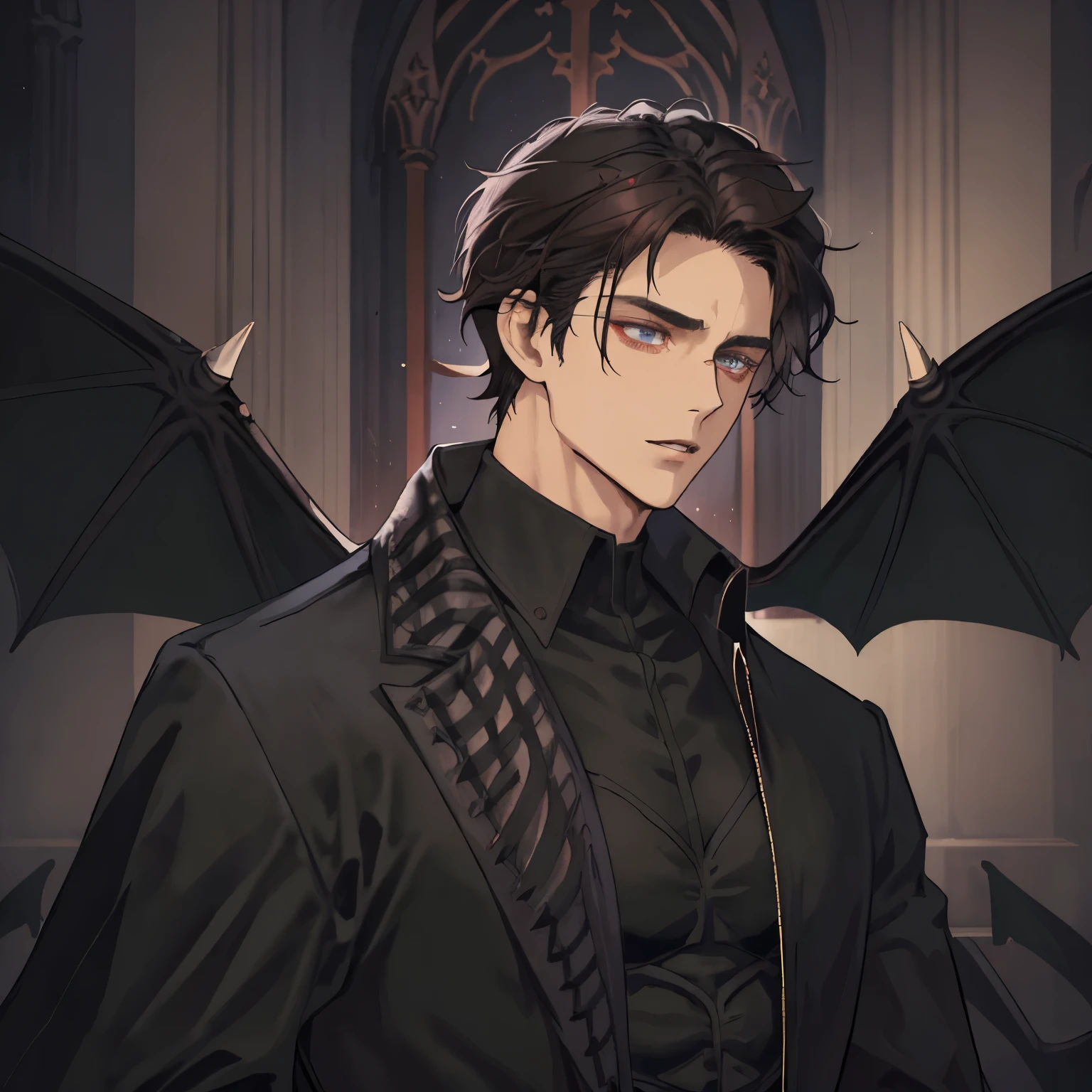 masterpiece, he's in a cathedral, dark, anime man, attractive, satan, muscles, short dark brown wavy hair, middle part, black horns, shirtless, black cloth draped over his midsection, wings, handsome, looking away from camera