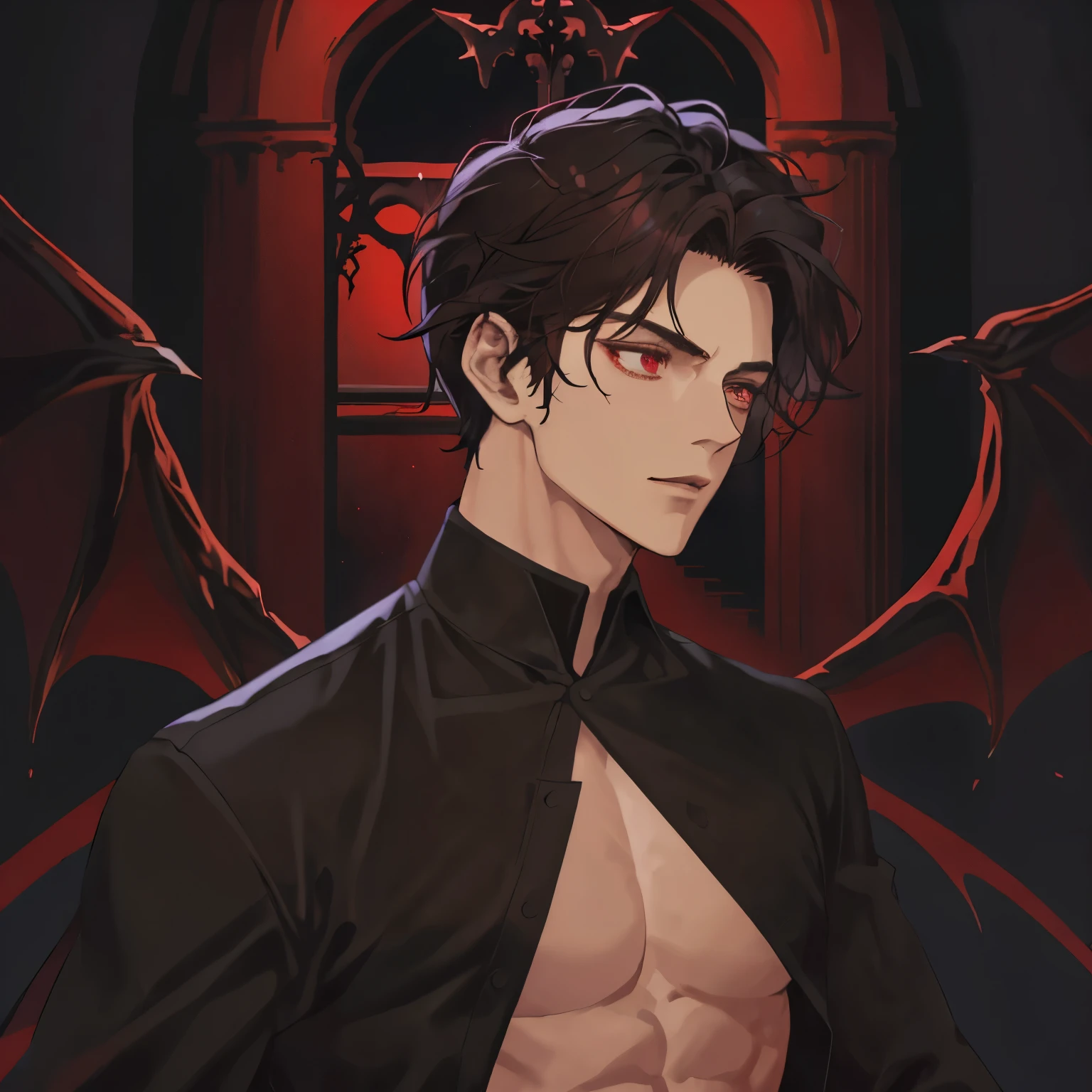 masterpiece, he's in a cathedral, dark, anime man, attractive, satan, muscles, deep red eyes, short dark brown wavy hair, middle part, black horns, shirtless, black cloth draped over his midsection, handsome, looking away from camera