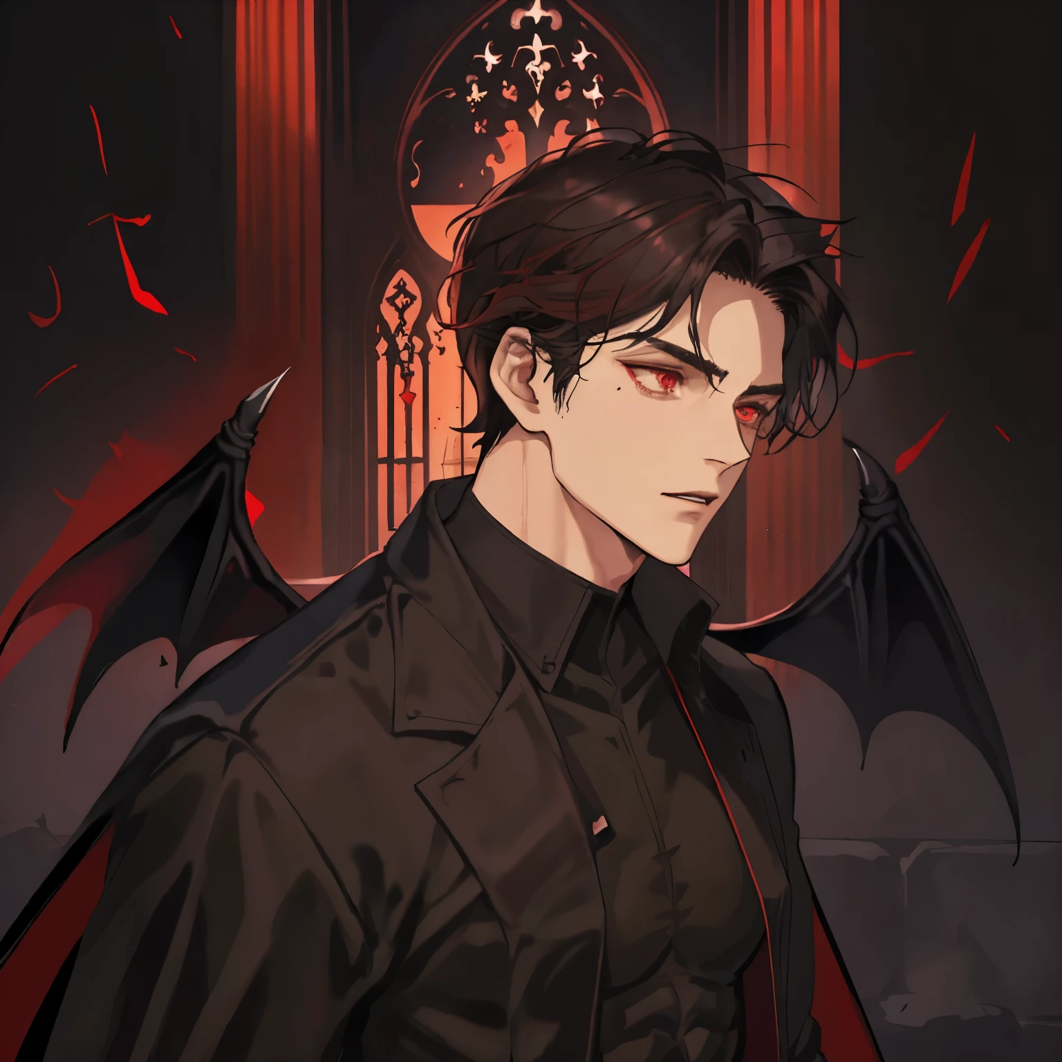 masterpiece, he's in a cathedral, dark, anime man, attractive, satan, muscles, deep red eyes, short dark brown wavy hair, middle part, black horns, shirtless, black cloth draped over his midsection, wings, handsome, looking away from camera