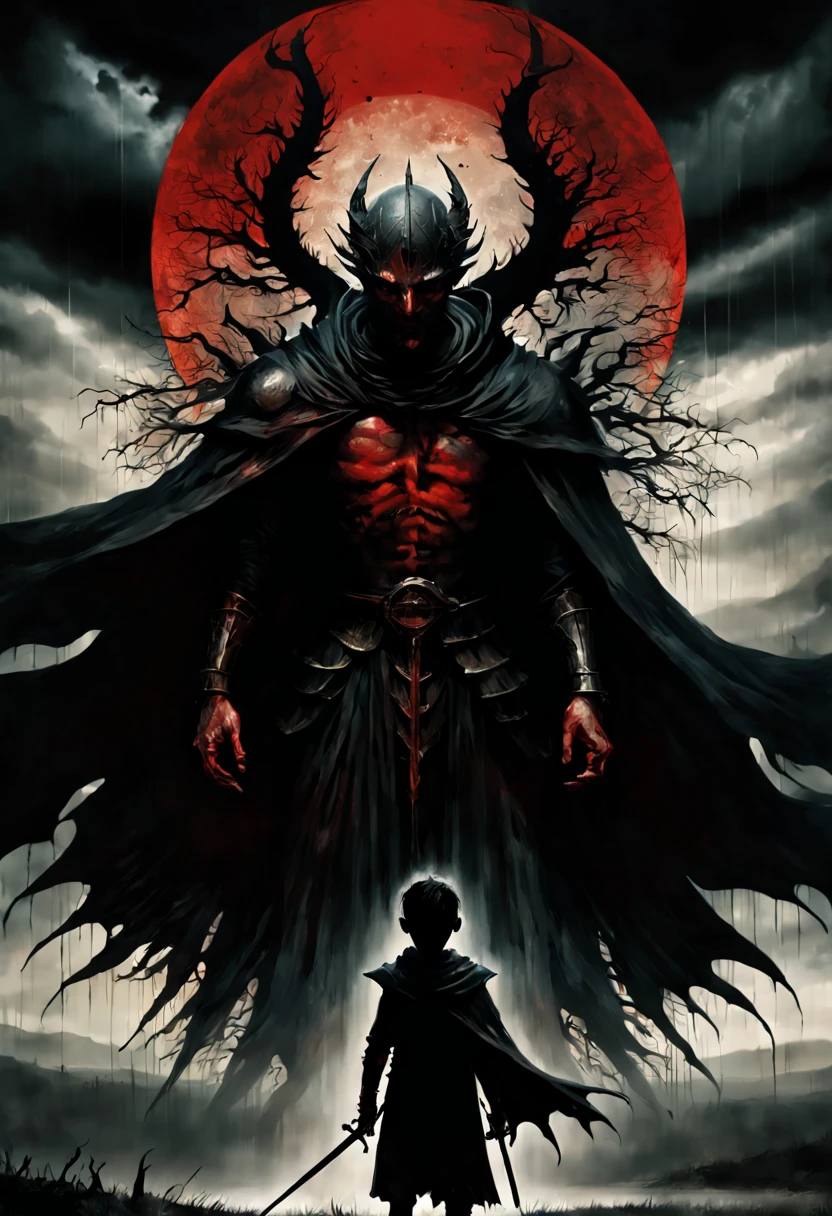 Antonio Mora/Double exposure of a demon inside a boy/a boy silhoutte/flying demon /Double exposure art/layered image/death imagery/moonlit bedroom/Ink drawing/spots of deep color/eldritch/malevolence/spectral/8k resolution/Nekro/Allen Williams/nightmare/sleep paralysis. High Gothic Dark Fantasy Tim burton style Cursed :Gothic : Bright : Darksouls Death Nazgul in a Higly detailed black Cloak with wearing black cloaths in field of thorns under the rain::| hyperdetailed: maximalist ::| Stunning masterpiece::| Jonas De Ro: russ mills, blood red. Mark Brooks and Dan Mumford, comic book art, perfect, smooth. sinister by Greg Rutkowski