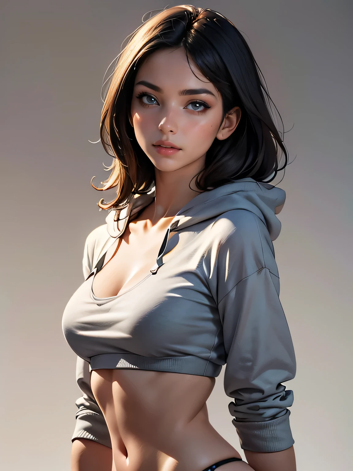 (((HD photo))), ultra high res.photorealistic:. 1.4, UHD, masterpiece, trending on artstation, frontal shot, close up, portrait, pretty, cute girl, most beautiful in the world, perfect hips, soft, delicate, long dark hair, large breasts, wearing grey hoodie, sunkissed, minimal background