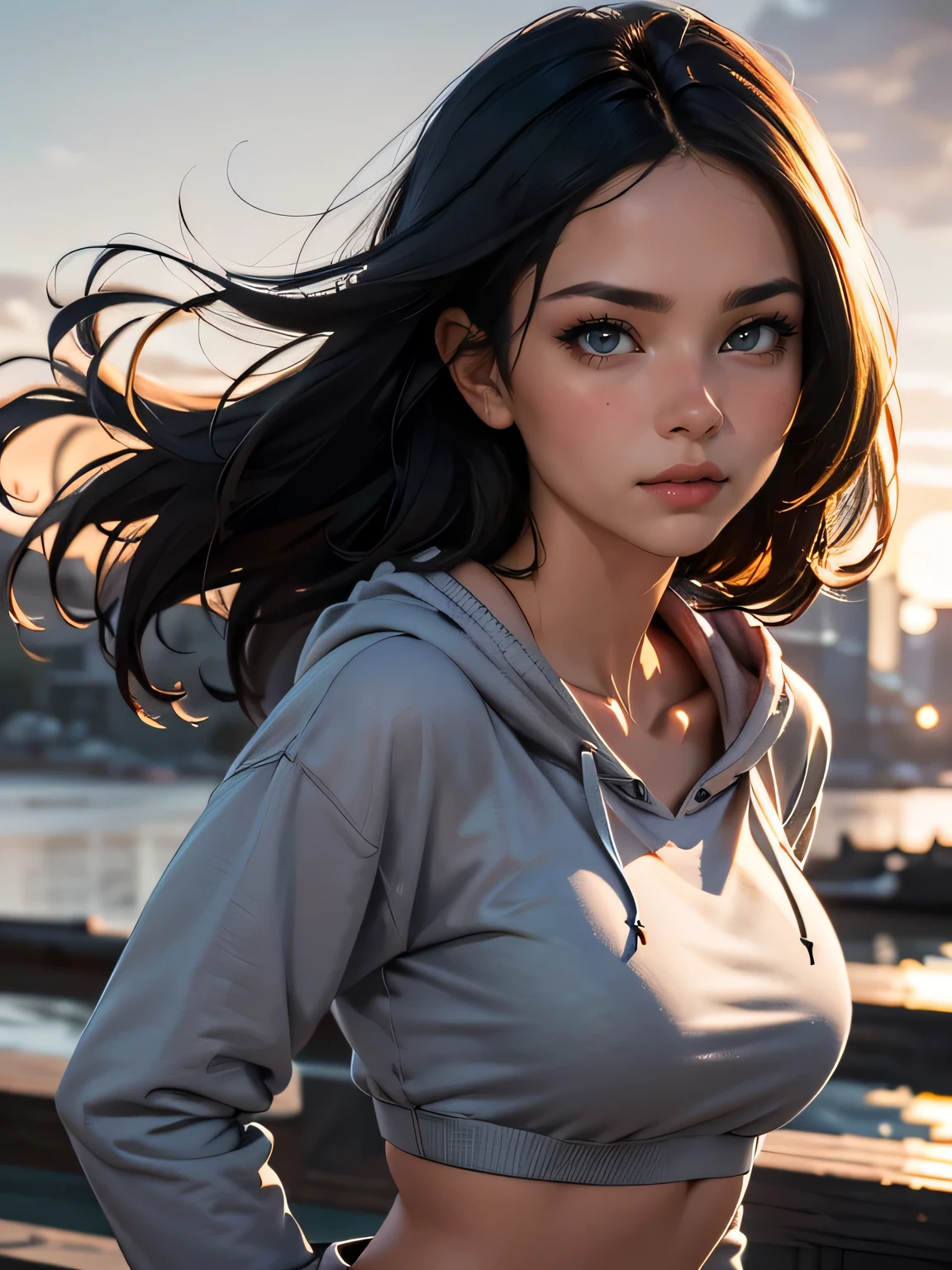 (((HD photo))), ultra high res.photorealistic:. 1.4, UHD, masterpiece, trending on artstation, frontal shot, close up, portrait, pretty, cute girl, most beautiful in the world, perfect hips, soft, delicate, long dark hair, large breasts, wearing grey hoodie, sunkissed, minimal background