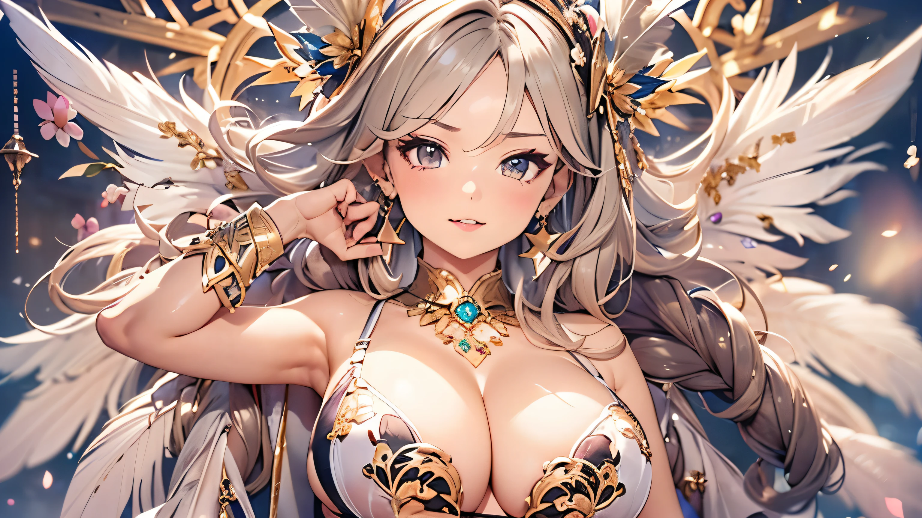 過去最高のmasterpiece、beautiful美しさ, 3D two-dimensional, rich, blonde, skirt, stockings, high heels, star、(Highly detailed CG Unity 8K wallpaper),(masterpiece), (最高quality), (Super detailed), (best work),(best shadow), (sharp eyeliner, eye shadow, fine eye:1.1), (超High resolution,realistic,最高quality,realistic),(8K,RAW photo,最高quality,star),mature woman、sensual curves、huge breasts、thighs、bubble、お尻のmasterpiece, 最高quality, Super detailed, full body shot, mature woman, beautiful mature woman, nightgown and underwear, enchanting smile, thick lips, Chubby lips, blush, looking at the viewer, provocative expression, beautifulhair型, cleavage, Plump、curvy hips、attractive face、sexy lingerie、an inviting gaze、Expression of emotions、Lewd underwear、(((erotic see-through lingerie set)))、Standing position、gorgeous accessories 、big breastsの女性, bare shoulders, 金色のhair, colored feather, metal ornaments, colored flowers, particle, light, (masterpiece, 最高quality, 最高quality, official art, beautiful and aesthetic:1.2), (1 girl:1.3), very detailed,(fractal art:1.1),(colorful:1.1)、(flowers:1.3),most detailed,(zentangle:1.2), (dynamic pose), (abstract background:1.3), (shiny skin), (lots of colors :1.4), ,(earrings:1.4), (feather:1.4),masterpiece, 最高quality, Super detailed, 30~40 years, full body shot, beautiful 、さまざまなhair型，gold headband，plump breasts，beautiful，greek clothing，Tulle covers the breasts，perfectly proportioned, detailed clothing details,marble，god statue，cinematic lighting, film grain, 8K, masterpiece, Super detailed, high detail, 高quality, High resolution,(((NSFW:1.2)))、exposed chest、Openwork decoration，(((see through dress)))、(((解剖学的に正しいbody))) , 最高quality, Super detailed, (((Lewd underwear)))、raise your butt, from below, (((R-18)))、thighs, big breasts, Are standing, cowboy shot, blush, (((1 girl))), (masterpiece:1.3), (High resolution), (8K), (very detailed), perfect face, Nice eye and face, (((最高quality))), (Super detailed), detailed face and eye, (alone), beautifuleye,(((sexy pose)))、(((整ったbig breasts)))、((beautiful eye))、luxury、(((超High resolution)))、(((detailed description)))、(((ぽっちゃりbody型)))、(((解剖学的構造に一致したbodyの部位)))、beautiful長いまつ毛、バランスのとれたbody型,2 feet、Just the right size for your legs and arms、Fishnet tights、glamorous、(((Clear white and black eye)))、lipstick、Sparkling、(Undistorted face, eye, body)、jewelry、gem、(長くカールしたbeautifulまつ毛)、(((バランス良いbeautiful胸)))、(transparent, Exquisite skin:1.2)、(((完璧なglamorousボディー)))、actress face、Super beautiful、cute smile、Healing beauty、Flower shower、完璧なeye、realistic depiction、super sexy、shiny、glamorous、double eyelids、Good dark compensate、compensate、ぼやけていないeye , expensive_quality, expensive_solve, masterpiece*I wore it, whitespace, colorful, 1 girl, alone, white_hair, prism hair, [pink|green] eye, gradient eye, multicolored eye, shine eye, shine, Sparkling, shine white particles, wind lift, full_body, strict,