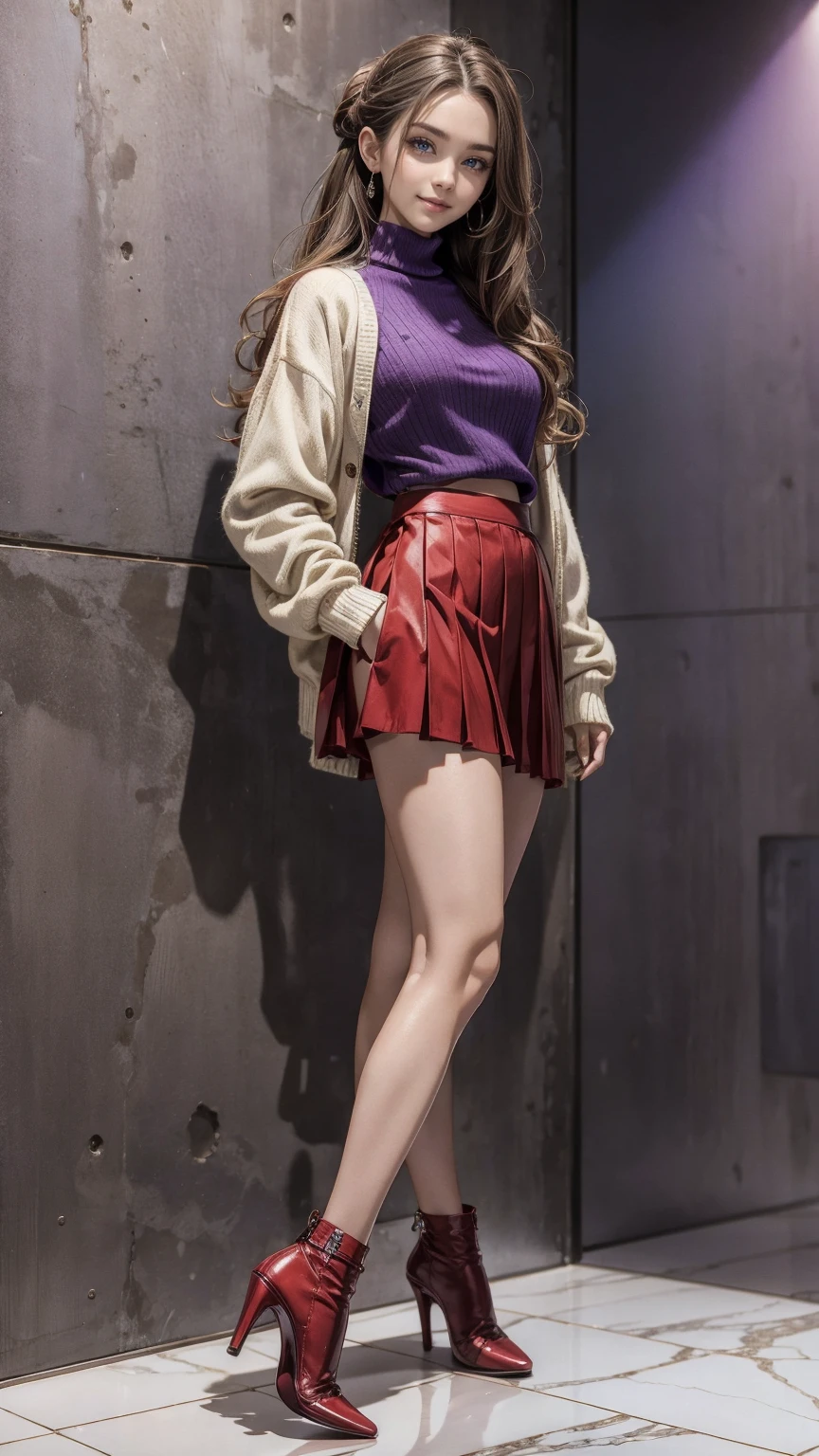 highest quality、masterpiece、ultra high resolution、24 year old white female、Hair color is brunette and purple gradation color、blue eyes、long hair、my hair is wavy、hair up style、smile、Slender but well-proportioned feminine body、wearing red nail polish、Wearing a high-neck sweater、wearing a pleated skirt、wearing pantyhose、wearing high heels、smile、Put your hands in your pockets、on the marble floor