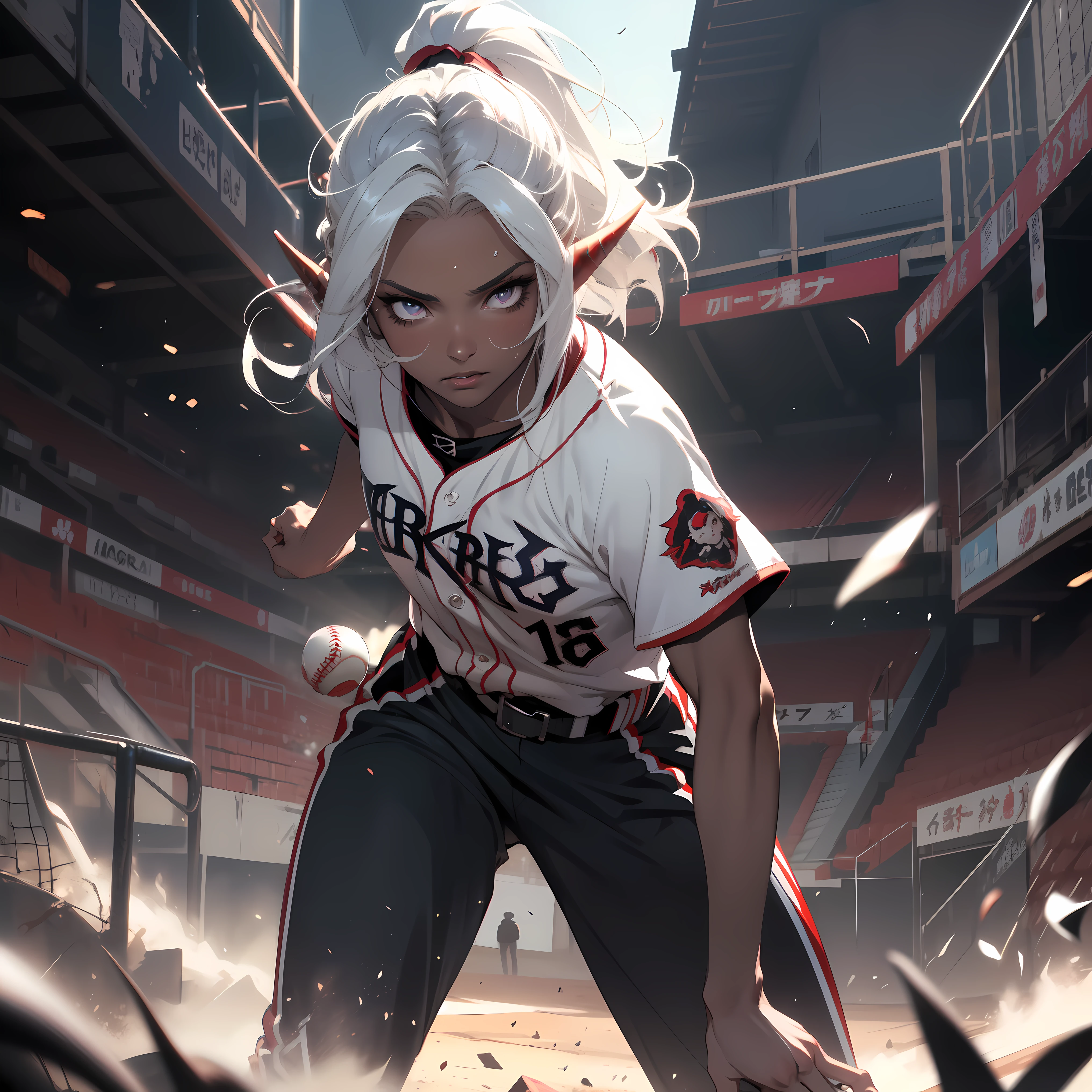 ((masterpiece)), (top quality), (best quality), ((ultra-detailed, 8k quality)), Cinematic lighting, soft semi-backlit light, (detailed line art), absurdres, (best composition), (high-resolution), Aesthetics,
BREAK,
(baseball ground:1.4), (greyscale background:1.1), (baseball uniforms, long pants:1.2), (baseball glove and medium ball:1.3), playing, (dark elf), ((adult girl)), dynamic angle, sweat, sparkling, action-lines, motion-blur, wind-effect, dust-effect,cinematic dramatic atmosphere, atmospheric perspective,
BREAK,
highly detailed of ((dark elf:1.4)), (1girl), solo, perfect face, details eye, ahoge, ponytail, white shining hair, (forehead), medium hair, [[floating hair]], violet eyes, shining eyes, (beautiful detailed eyelashes, eyeshadow, pink eyeshadow), Concept art by Mikimoto Haruhiko, by Kawacy, By Yoshitaka Amano,
BREAK, 
((perfect anatomy)), (perfect body), Abs, (medium breast), perfect hands, perfect face, beautiful face, beautiful eyes, perfect eyes, (perfect fingers, deatailed fingers), correct anatomy, perfect legs, skinny, ((dark skin:1.2)),