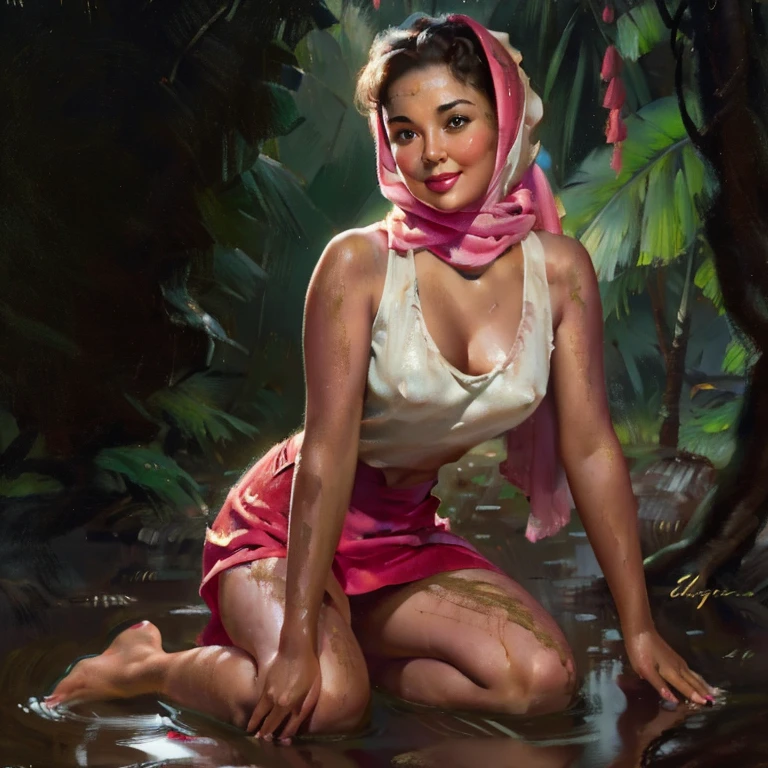 Typhoon, photorealistic full body portrait. amazingly cute malay woman with torn pink pastel shawl style hijab in her twenties crying against the background of fantastic jungle and muddy ground, clear white skin, wet and muddy, scratches everywhere, face dirty with torn ripped dirty hijab, bare feet without underwear, torn and tattered tank top, torn pleated skirt, white skin, chest, thighs, smooth skin, smirk, desperate expression, isometric details, amazingly realistic pictures, 8K High Quality Medium Dark Lighting, High Detail, Detail Eye, Detail Face, remove all clothes