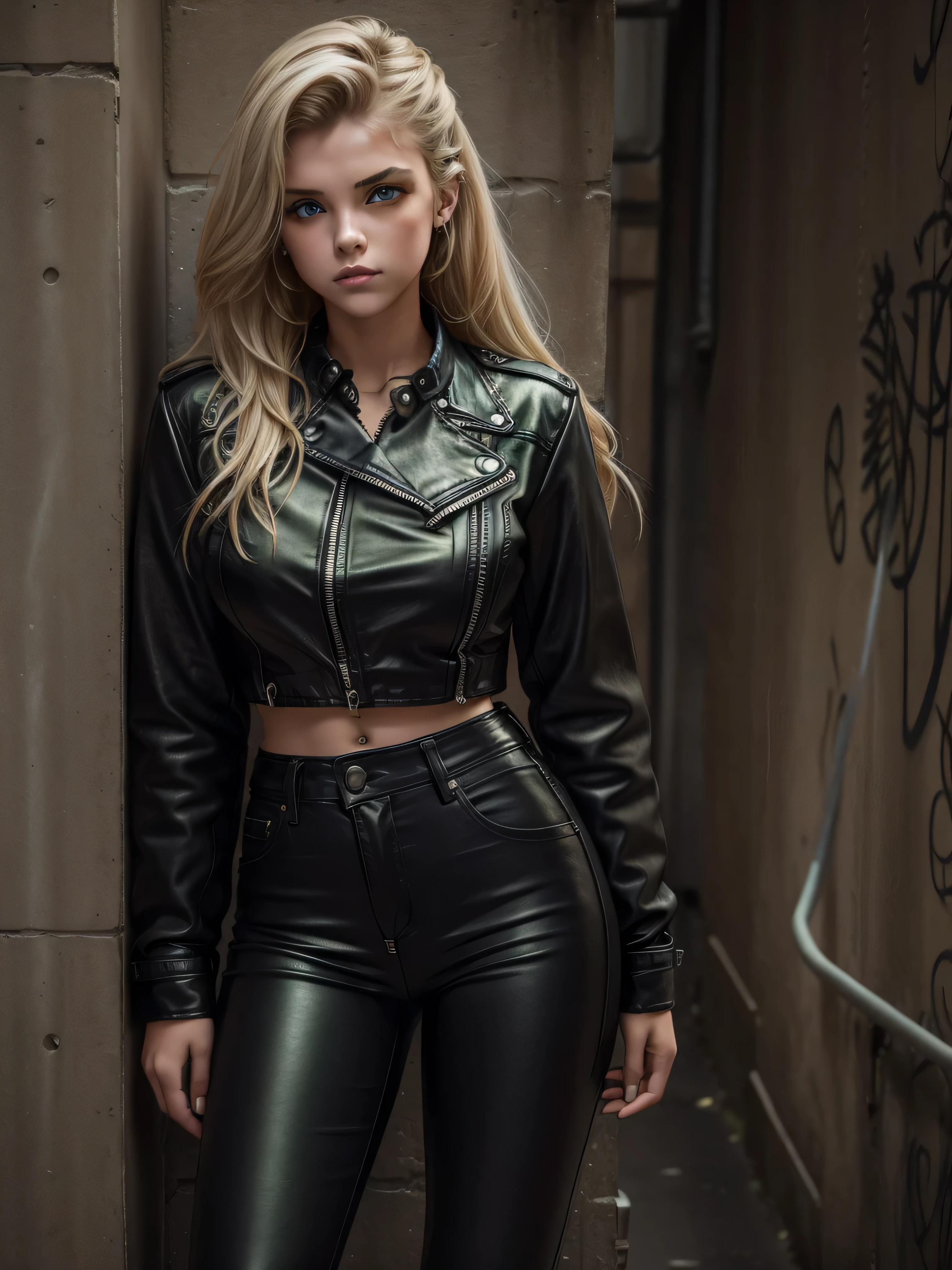 15-year-old teen girl dressed as a sensual biker, wearing a black denim blouse, black leather pants, blond hair, green eyes, leaning against a wall in a city alley full of skull graffiti on a light rainy night