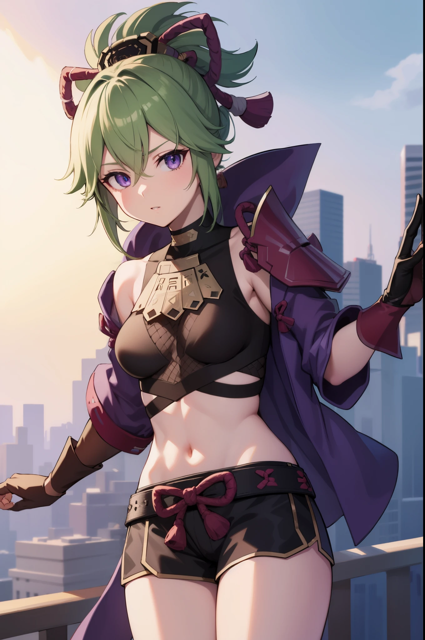 shinobukuki, shinobu kuki, green hair, hair between eyes, ponytail, short hair, (purple eyes:1.1),
BREAK armor, bare shoulders, black gloves, cropped jacket, fishnet top, fishnets, gloves, gold trim, hair ornament, jacket, leg armor, midriff, off shoulder, partially fingerless gloves, purple jacket, shirt, short shorts, shorts, shoulder armor, sleeveless, sleeveless shirt,
BREAK looking at viewer,
BREAK outdoors,
BREAK (masterpiece:1.2), best quality, high resolution, unity 8k wallpaper, (illustration:0.8), (beautiful detailed eyes:1.6), extremely detailed face, perfect lighting, extremely detailed CG, (perfect hands, perfect anatomy),