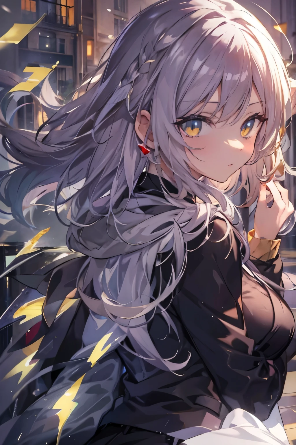 (real:0.2)、anime illustration、1 girl、(((golden eyes))), black coat、、Paris、France、sfv、black pants、black office shirt、、carmen sandigo、、blue sky、、long hair、、dramatic lightning、Lamp light、epic lighting, light falling on face, The light from the rear window is backlit., Face Light, The face is illuminated, fill light, fill light, ((master piece)), (Carmen_Sandigo_v1-1_Shulik-2000:0.6) information, silver hair, 