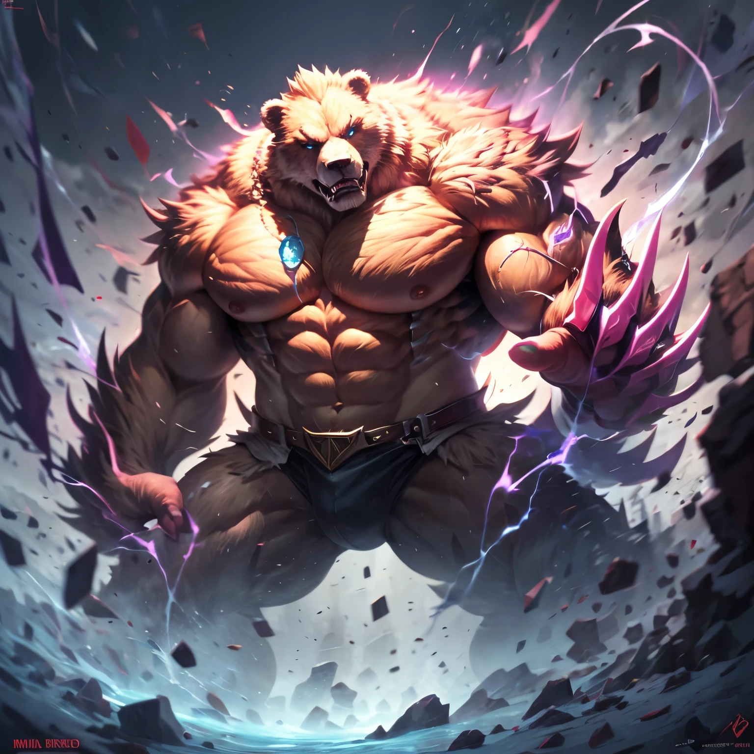 huge muscle bear, muscular beast, frost, roar, corruption, demon lord, aggresive