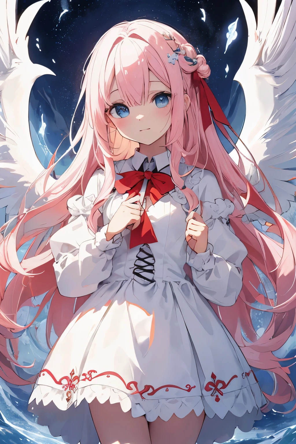 beautiful illustration, melhor qualidade, linda  pequena, (transform sequence), Transform the magic, Chibi,  white magic, arte fractal, albino, baby face, longos cabelos brancos e vermelhos de malha, lindos olhos vermelhos detalhados, cinematic lighting, tiro de vaqueiro, olhando para o espectador, Do fundo, feliz