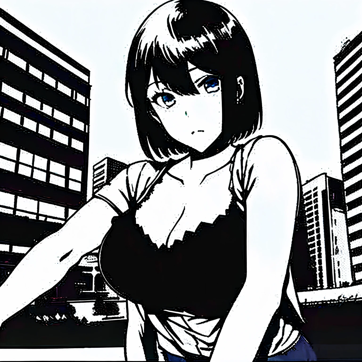 1 girl with short black hair and blue eyes, cleavage, and big breasts, wearing a plain white shirt, and denim shorts, in a city, looking at the viewer.