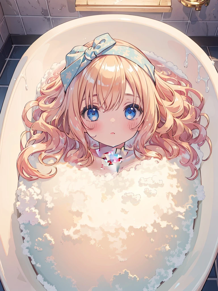 (,relax, elaborate Bathtub covered with Fluffy foam, from right above, high resolution, masterpiece, 8k, ultra-detailed:1.4), 1girl, Japanese idol, 14 years old, , kawaii, peerless cute girl, take a bath, completely nude, photo realistic, photo realistic, photo realistic, (masterpiece,best quality:1.4),(8k,raw photo,photo realistic:1.2),Not Safe for Work, detailed skin, detailed face, cute face, , (raw photo, photo realistic: 1.2), masterpiece, top-quality,
(Face out of the bathtub. , :1.2),
(((lying on stomach))),blue eyes, happy, red blush, medium bob, blonde hair, towel bandana, ((shiny wavy hair)), , ,