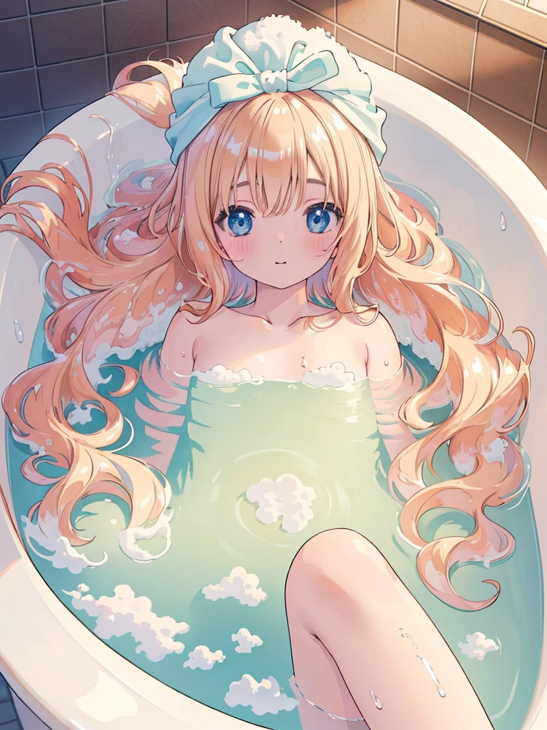 (,relax, elaborate Bathtub covered with Fluffy foam, from right above, high resolution, masterpiece, 8k, ultra-detailed:1.4), 1girl, Japanese idol, , , kawaii, peerless cute girl, take a bath, completely nude, photo realistic, photo realistic, photo realistic, (masterpiece,best quality:1.4),(8k,raw photo,photo realistic:1.2),Not Safe for Work, detailed skin, detailed face, cute face, , (raw photo, photo realistic: 1.2), masterpiece, top-quality,
(Face out of the bathtub. , :1.2),
(((lying on stomach))),blue eyes, happy, red blush, medium bob, blonde hair, towel bandana, ((shiny wavy hair)), , ,
