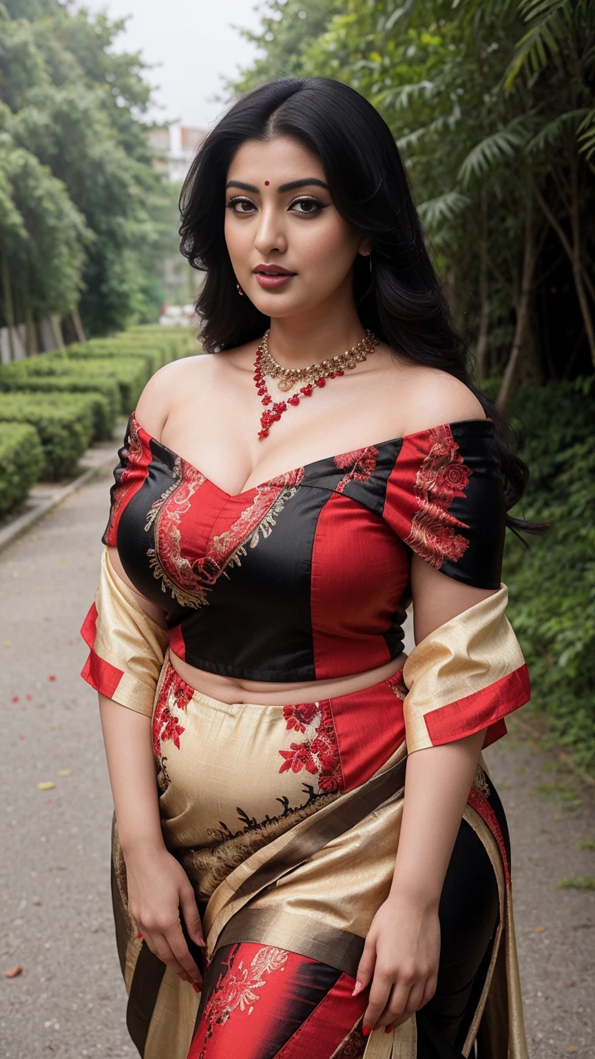Shrabanti Chatterjee bengali actress beautiful actress sexy curvy plus size model woman in a different red black yellow color Off-shoulder Dress, manga mala necklace ornament in necklace for wedding, Head Jewelry for wedding, busty, ???????????, mid body shot, round belly, thick body, outdoor village background, Aegis Amaterasu Embroidery