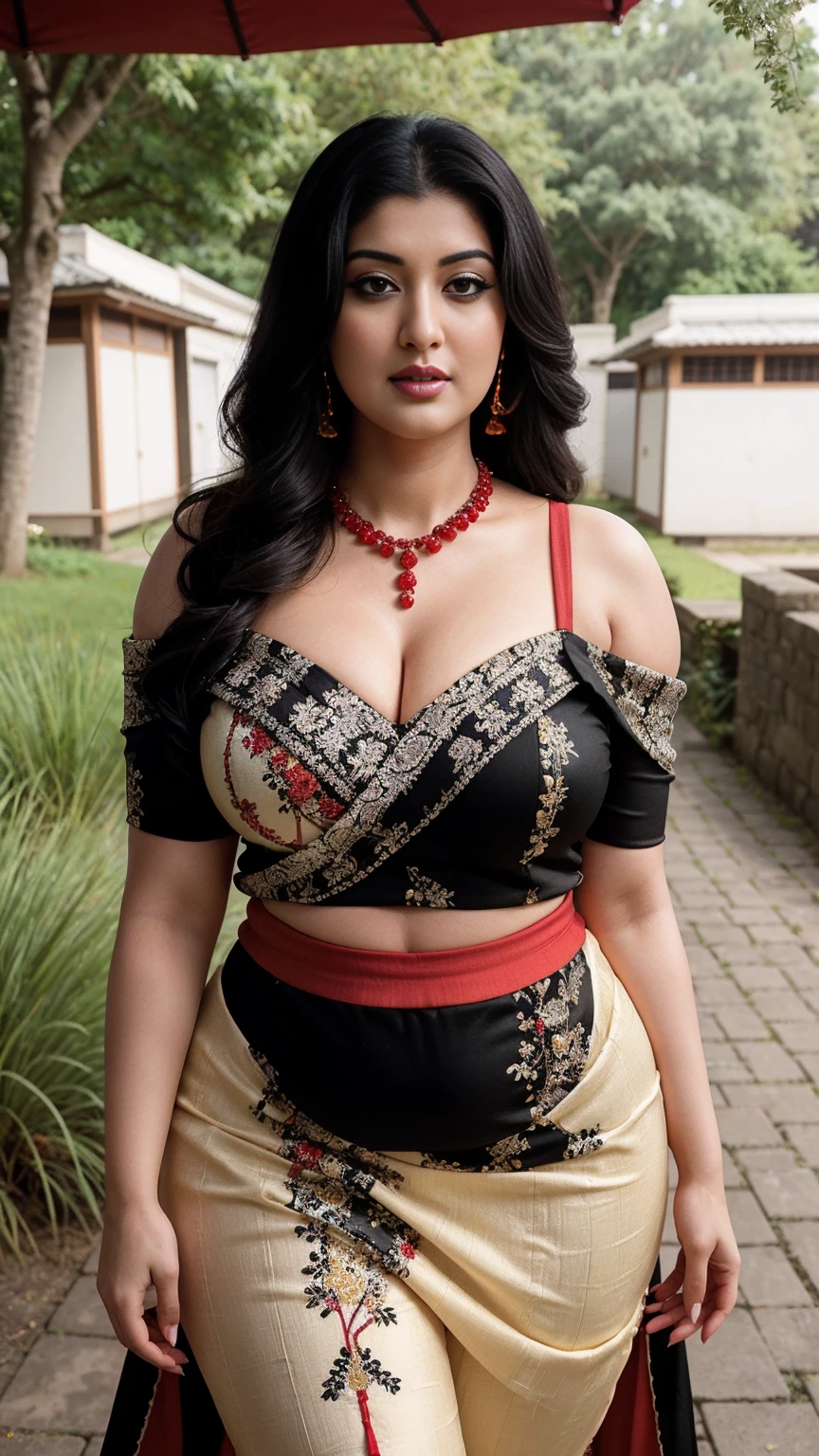 Shrabanti Chatterjee bengali actress beautiful actress sexy curvy plus size model woman in a different red black yellow color Off-shoulder Dress, manga mala necklace ornament in necklace for wedding, Head Jewelry for wedding, busty, small curvy, mid body shot, round belly, thick body, outdoor village background, Aegis Amaterasu Embroidery