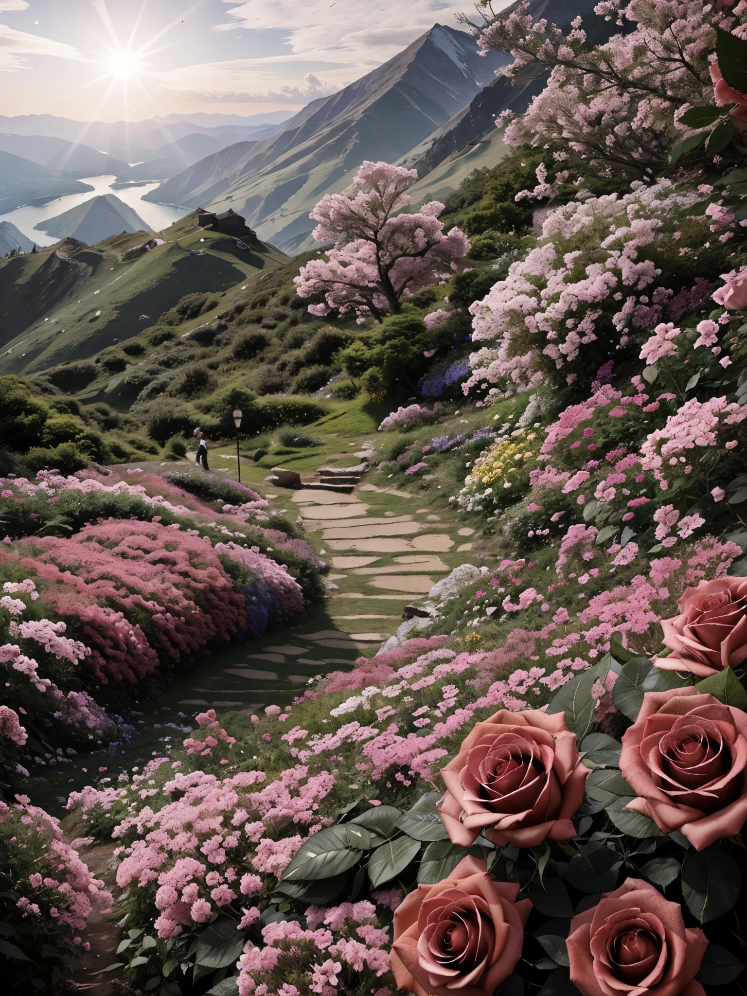 There are many pink roses growing on the mountainside, flower field,Beautiful Art UHD 4K, 4k high detail照片, wallpaper, 8k high quality detailed art, Stunning works of art, beautiful aesthetic,masterpiece, 16k, high detail, Super details