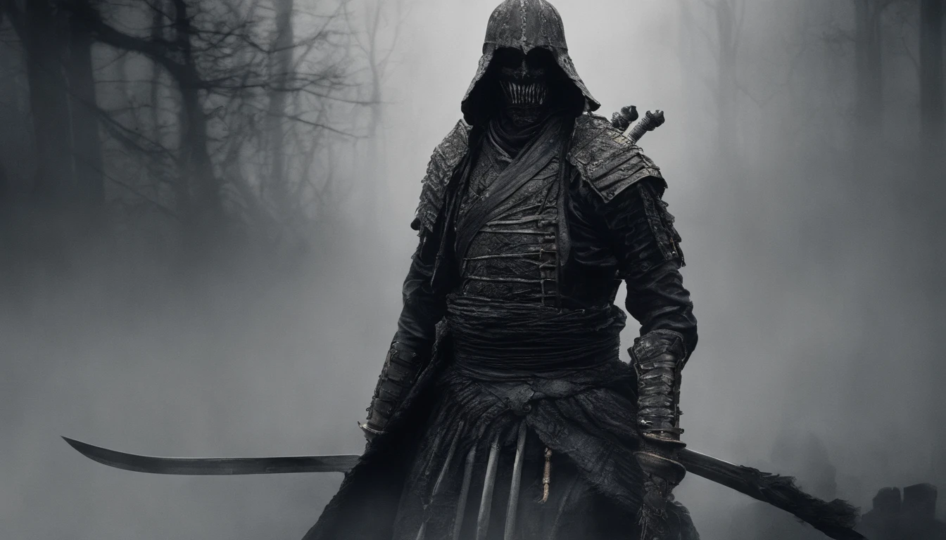 historic, Um velho sem camisa, samurai,surrado,de um sem camisa, Espada Katana Japonesa, Cabelo branco comprido, longa barba branca,samurais,grandfather, irromper,Ajoelhou-se,Seppuku's Suicide