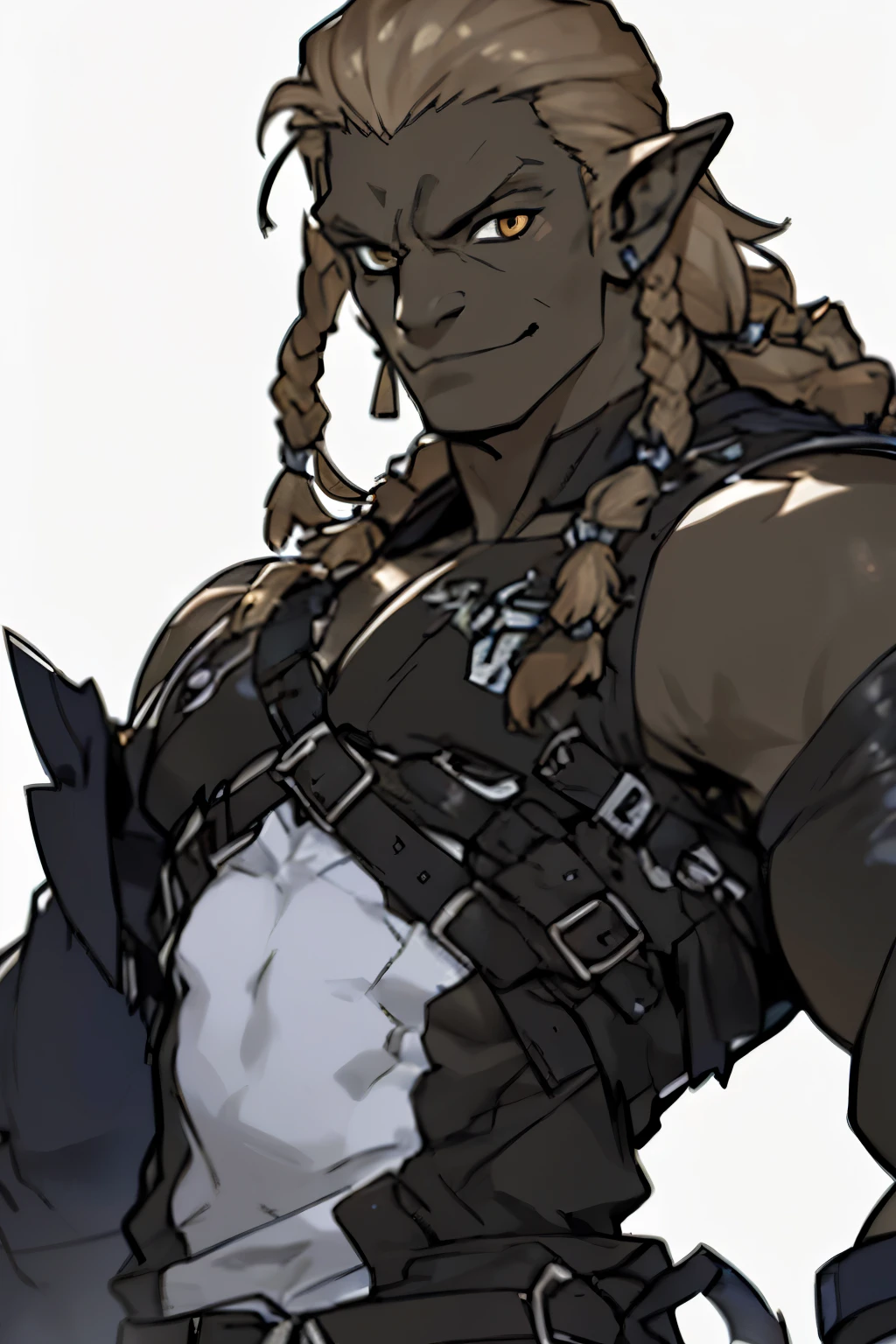 1boy, solo, cowboyshot, (orc man), (2d illustration), (anime style), ((middle-aged man)), (Muscular), rugged face, manly, orange eyes, small eyes, , bronze hair, forehead, slicked back hair, (dreadlocks), tightly coiled, (single mechanical arm), (dark skin), pointy ears, bare shoulders, soldier clothes, gauntlets, (large build), highly detailed, vibrant colors, composite lighting, professional shading, (white background:1.5), (blank background:1.5), masculine shapes, sharp and crisp image, high quality textures, perfectly structured, natural proportions, 