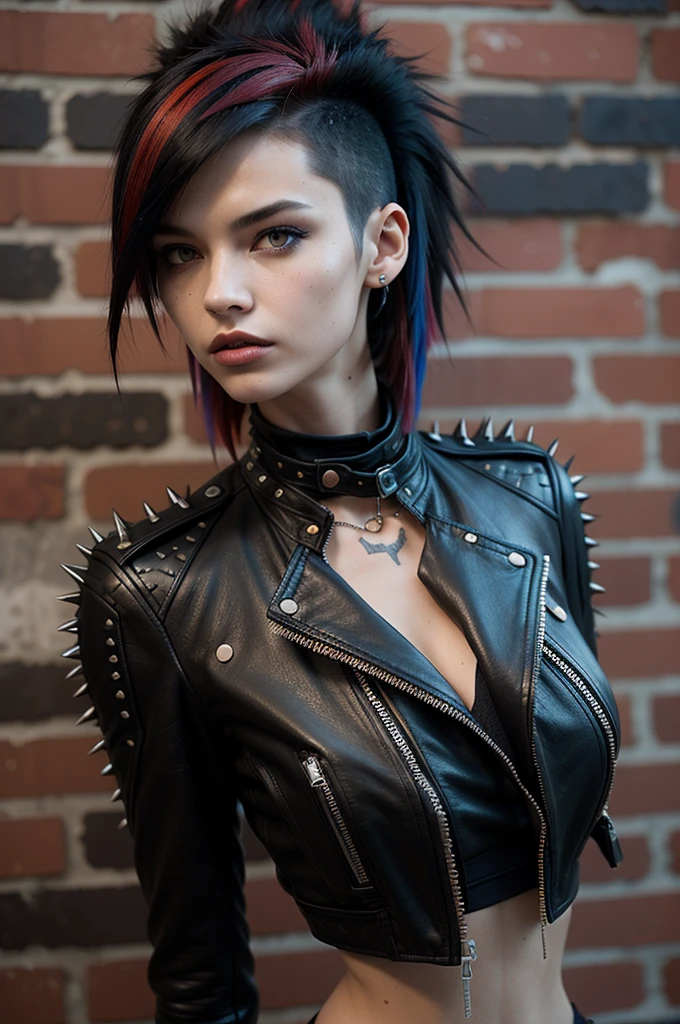 Young punk girl, 25 years old, multi-colored hair, ((red-black hair)), ((mohawk)) slender figure, black biker jacket, cleavage, black leather bra with spikes, black leather pants, posing against a red brick wall, visual contact, looks at viewer, masterpiece, best quality, perfect detail, perfect face detail, perfect eye detail, perfect skin detail, depth of field, perfect lighting