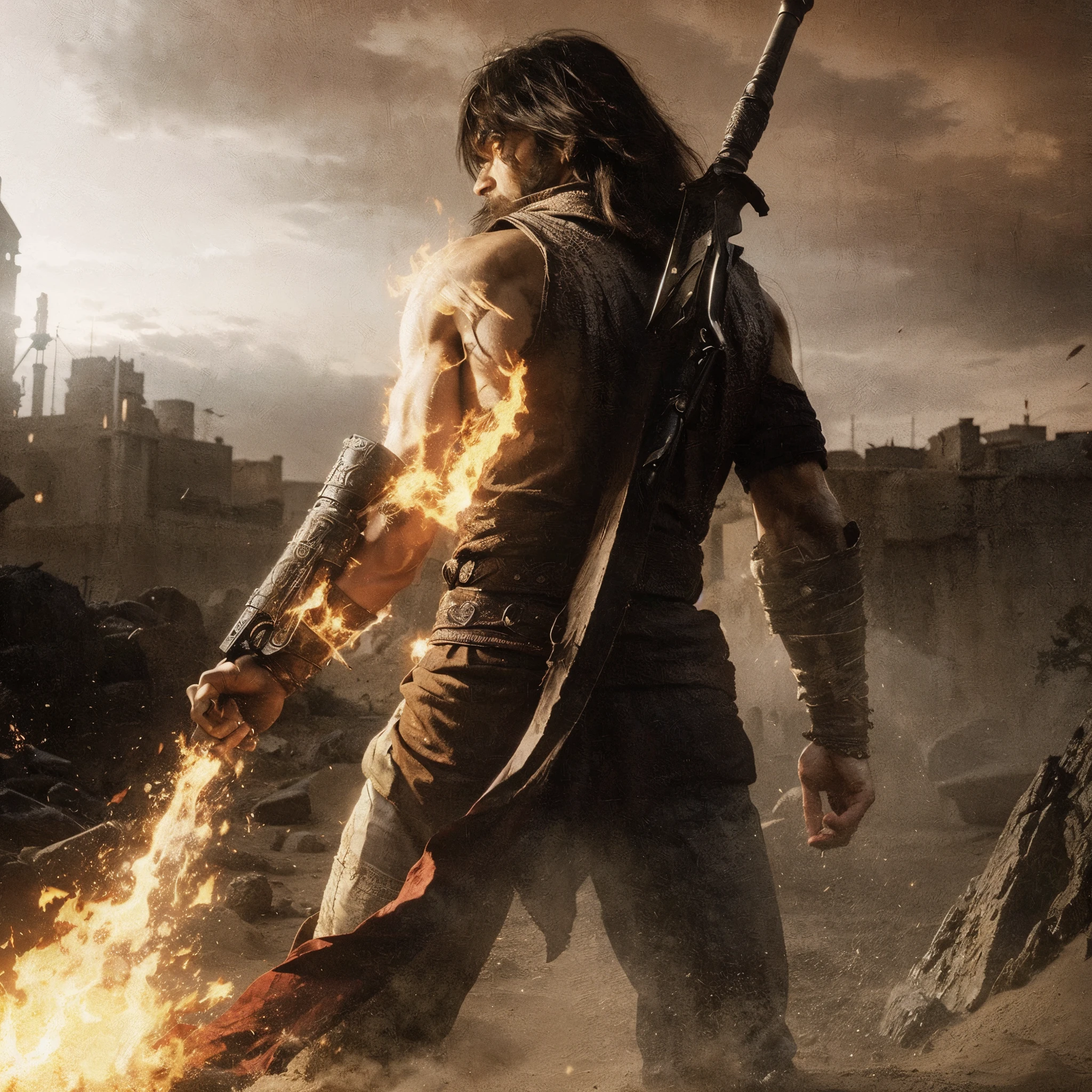 Man look like prince of persia, with fire arm, dangerous look, evening time, horror scene, sands, dark moment, long man hair's, anime style