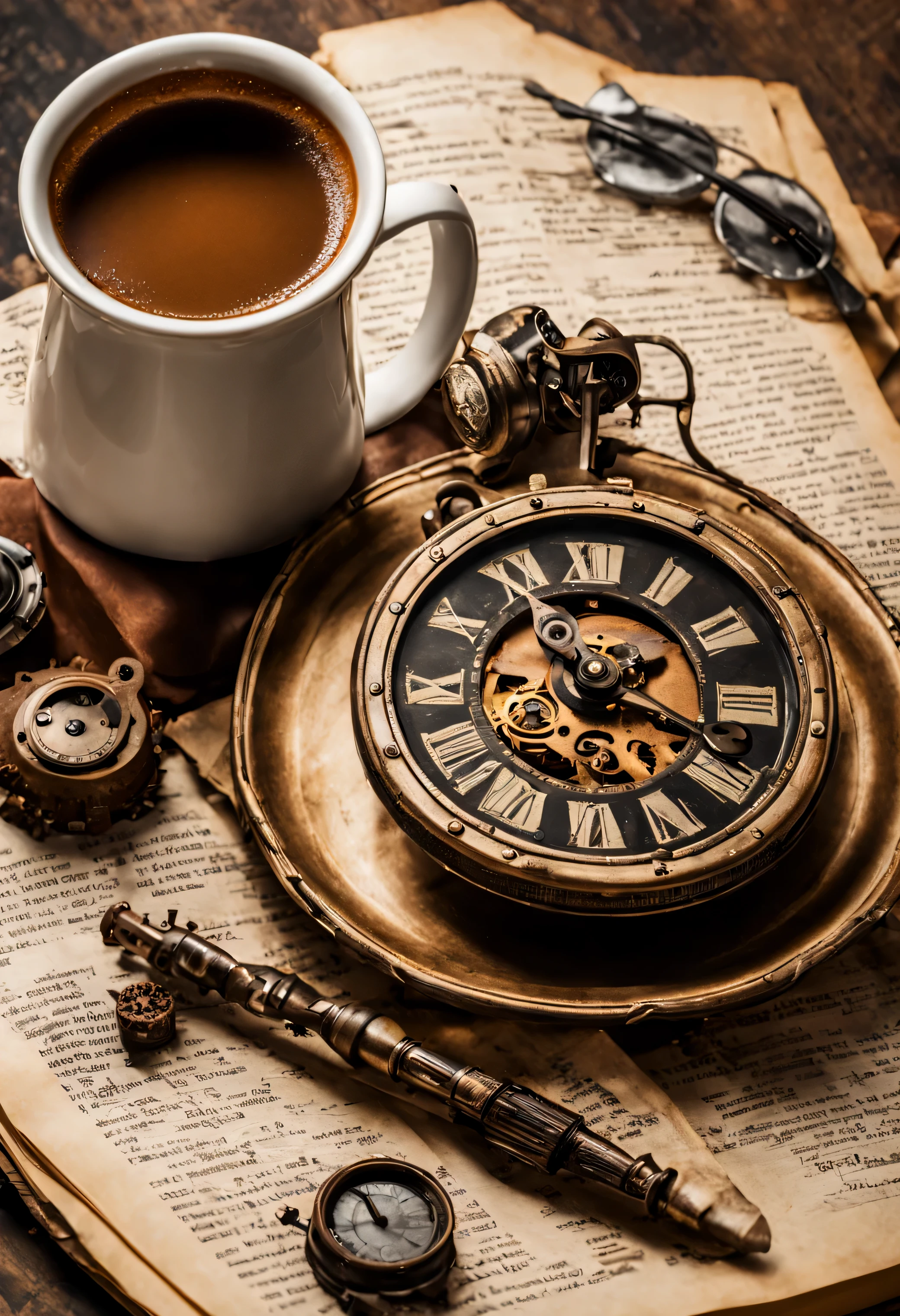 There is a steampunk clock and a coffee pot on a vintage table., old newspapers and books scattered, on which there is a cup of black coffee and a plate of cakes