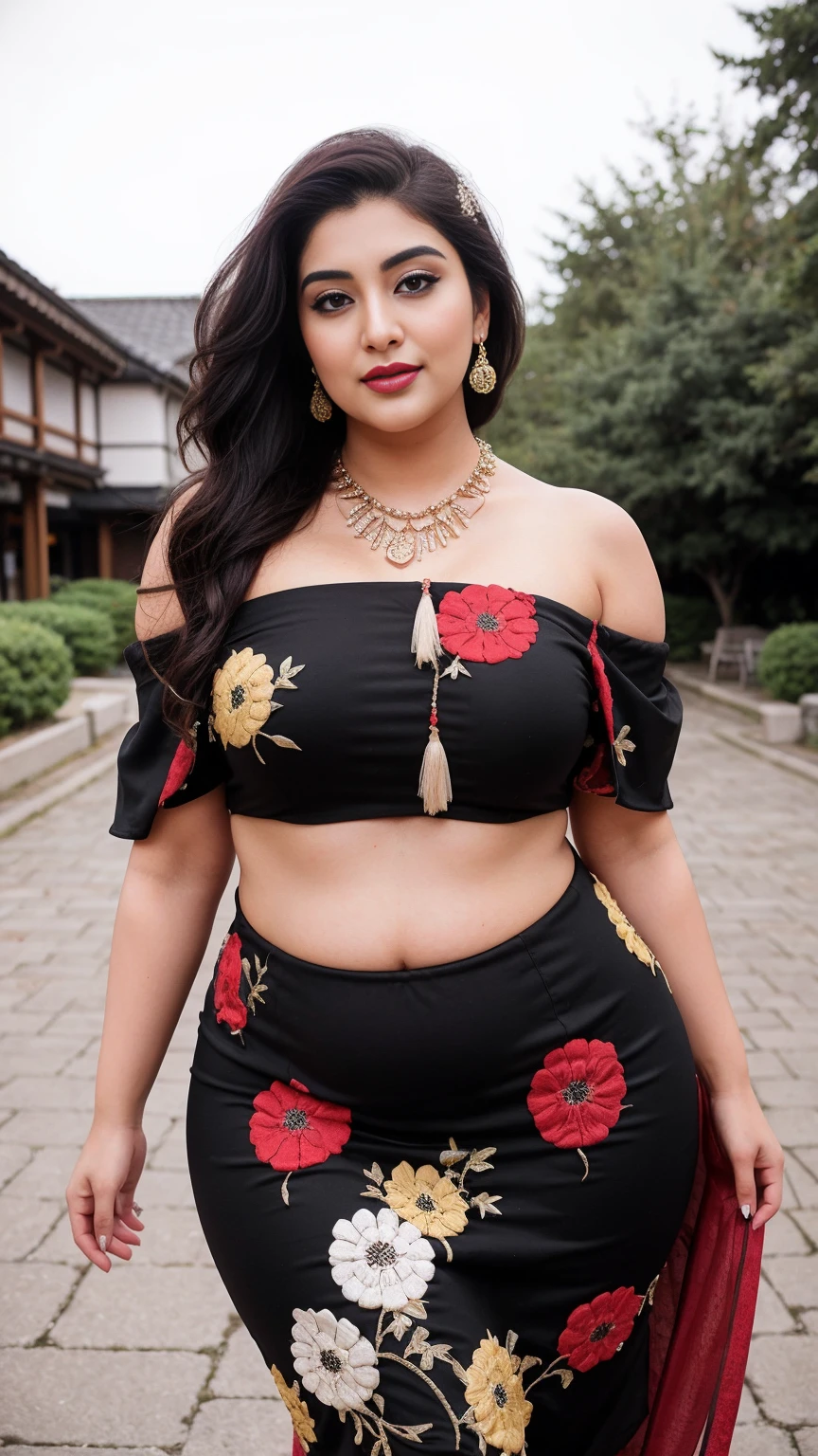 Shrabanti Chatterjee bengali actress beautiful actress sexy curvy plus size model woman in a different red black yellow color Off-shoulder Dress, manga mala necklace ornament in necklace for wedding, Head Jewelry for wedding, busty, small curvy, mid body shot, round belly, thick body, outdoor village background, Aegis Amaterasu Embroidery