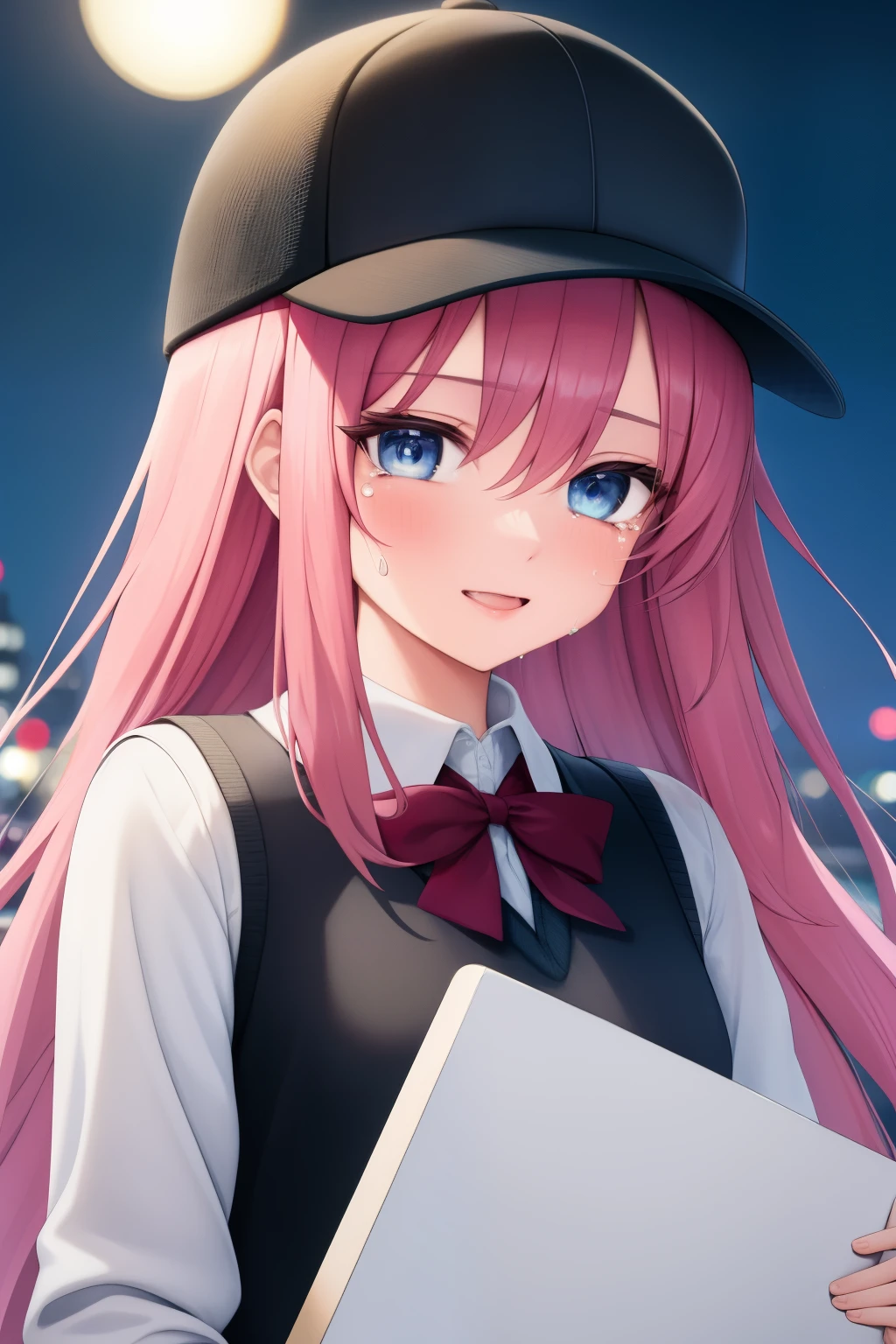 (masterpiece, best quality: 1.2), close-up shot, a person with long pink hair, blue eyes, wearing a black snapback hat, with a white long-sleeved sweater and a black knitted vest, a gray short school skirt, very detailed, best quality, expressive eyes, perfect face, very high quality, very detailed, pink ribbon, she is , crying happily, holding a white board, night city background,