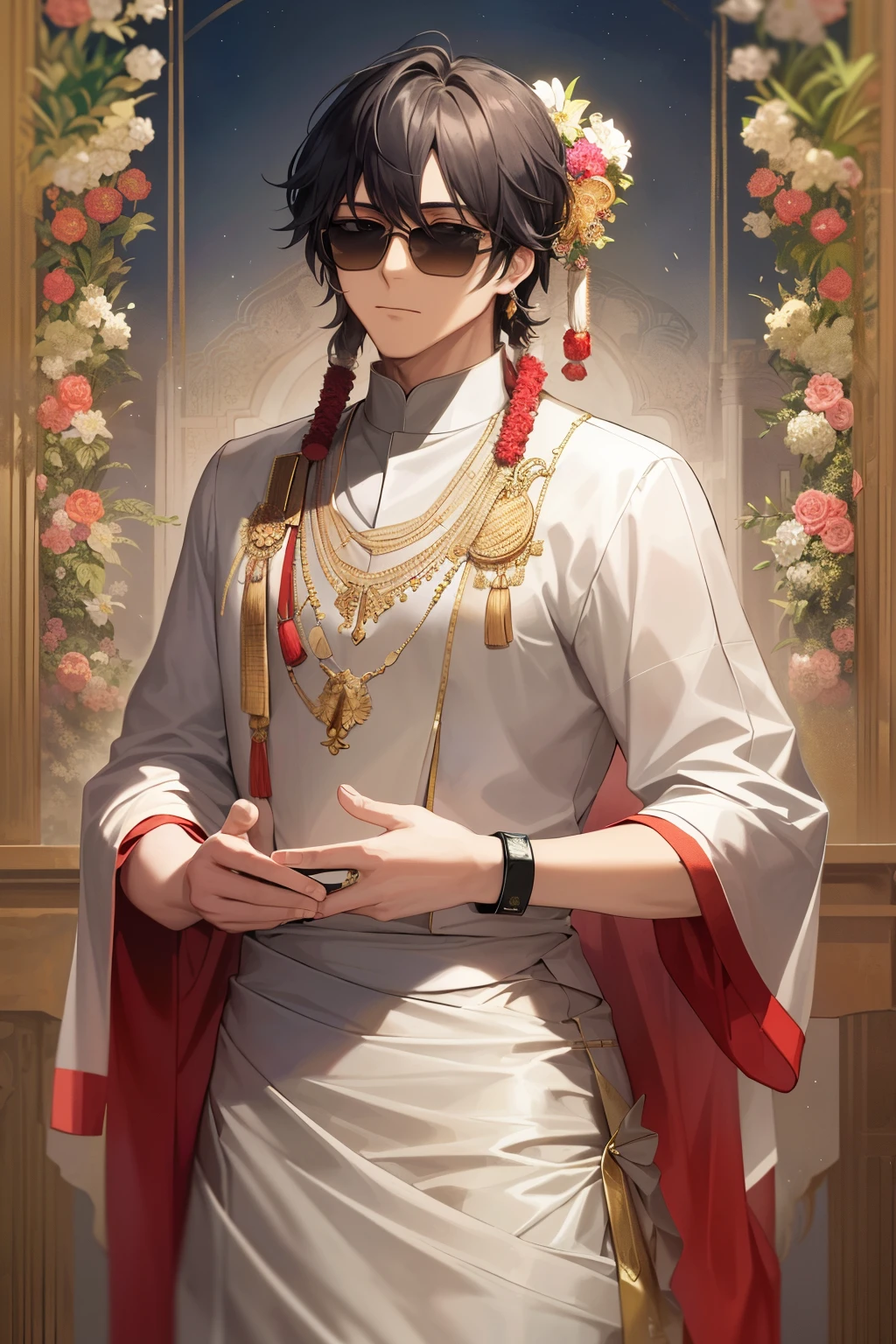 Ultra-detailed wide-area camera capture, An intriguing anime scene of an impeccably dressed man in Indian attire, wearing sun glasses, --s2 (Indian attire: 1.7), human, sunglasses: 0.4),
A majestic anime portrayal of an elegant gentleman, donning traditional Indian clothing and accessorized with stylish sun glasses, --s2 (traditional Indian attire: 1.8), traditional Indian headwear, intricate jewelry,
Best quality masterpiece, Finely detailed portrait of a distinctive anime character, dressed in Indian attire and wearing sunglasses, --s2, captivatingly designed
