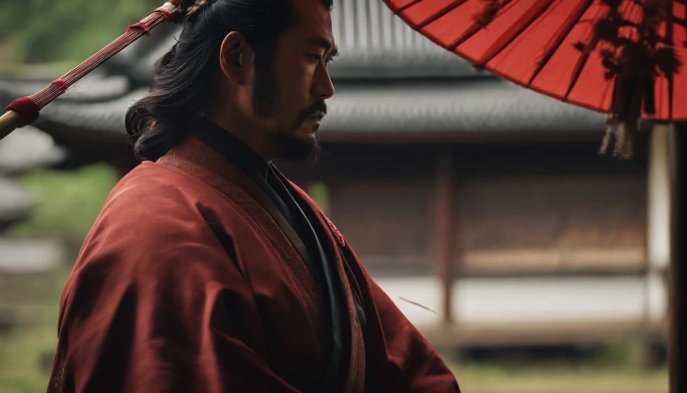 Japanese handsome samurai semi-squatting head bowed eyes closed expression sad breeze blowing