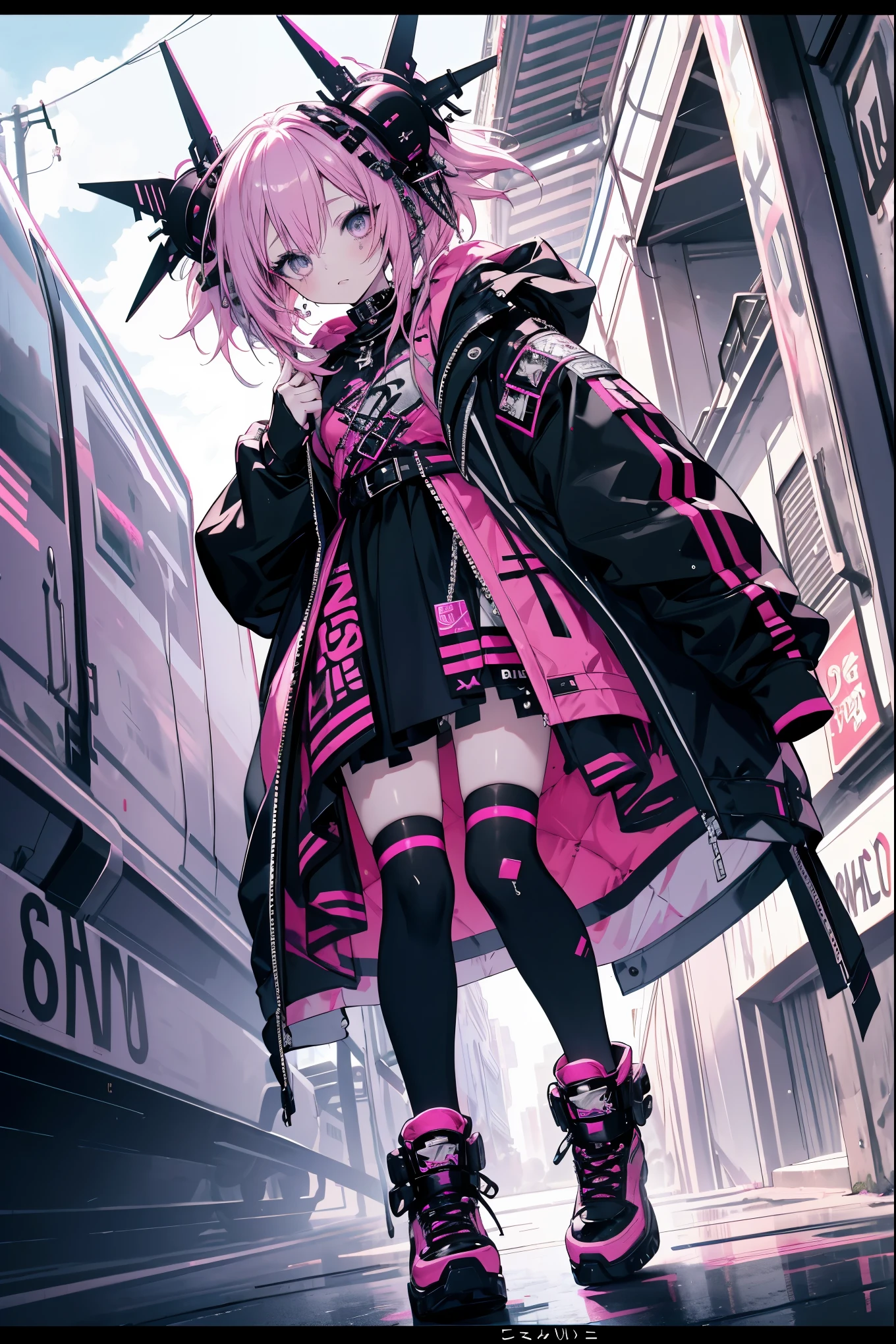 Fille Araffe pink haired et une couronne sur la tête, wearing punk clothes, dressed as crust punk, Anime Girl Cosplay, Cybergoth, wear punk clothes, 1 7 - Gothic anime girl, pink haired, punk girl, disorganized, High resolution, super sharp, 8K, masterpiece,