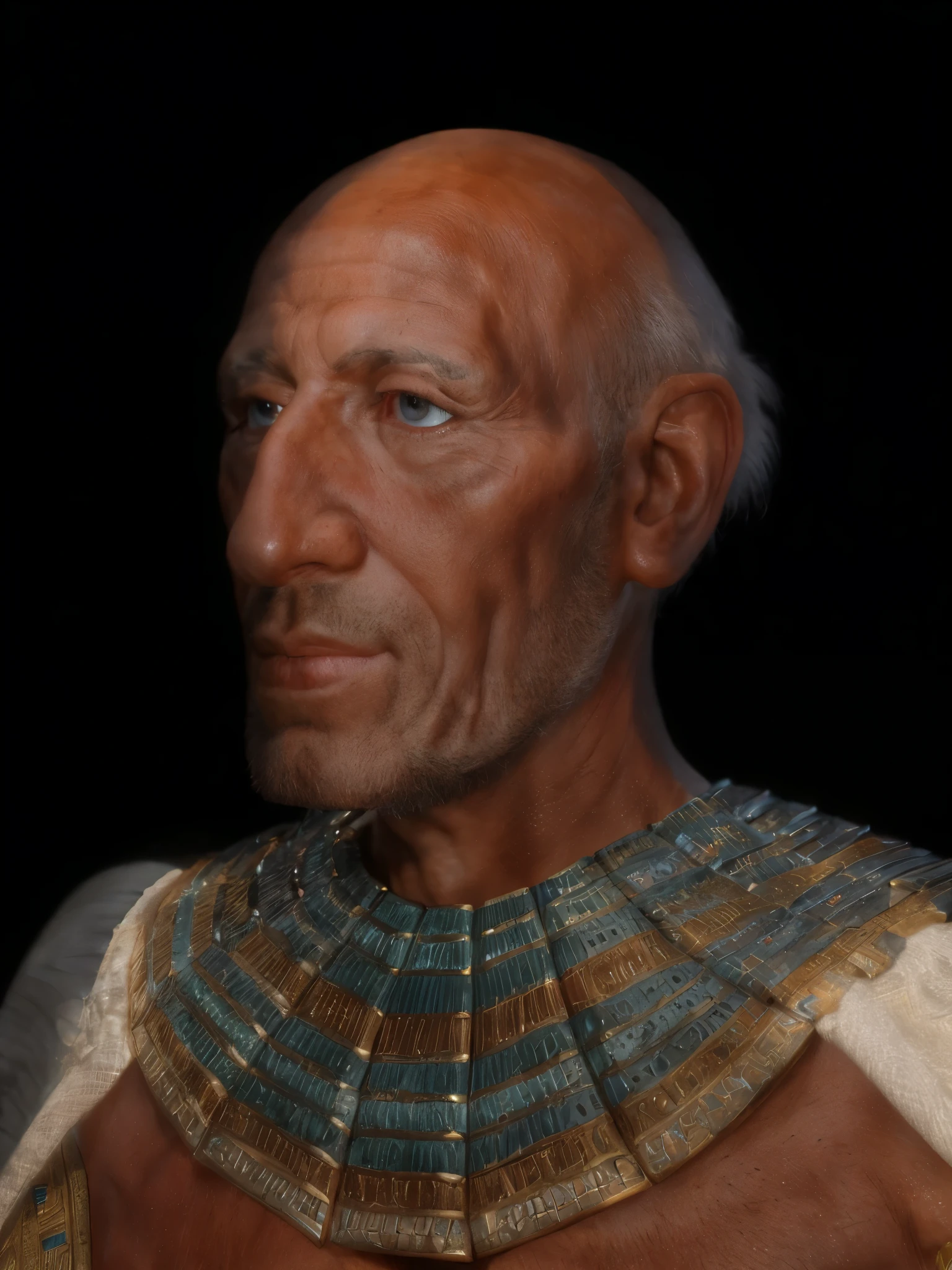 arafed man with a collared shirt and a necklace on, realistic skin textures, 35mm photograph, film, 4k, highly detailed, realistic restored face, high resolution and detail, cinematic bust portrait, with very highly detailed face, 3d render senior artist, ultra detailed portrait, maximus jacobs, portrait of male humanoid, cinematic close-up bust shot, highly detailed character, pharoah, ancient alien portral, egyptian