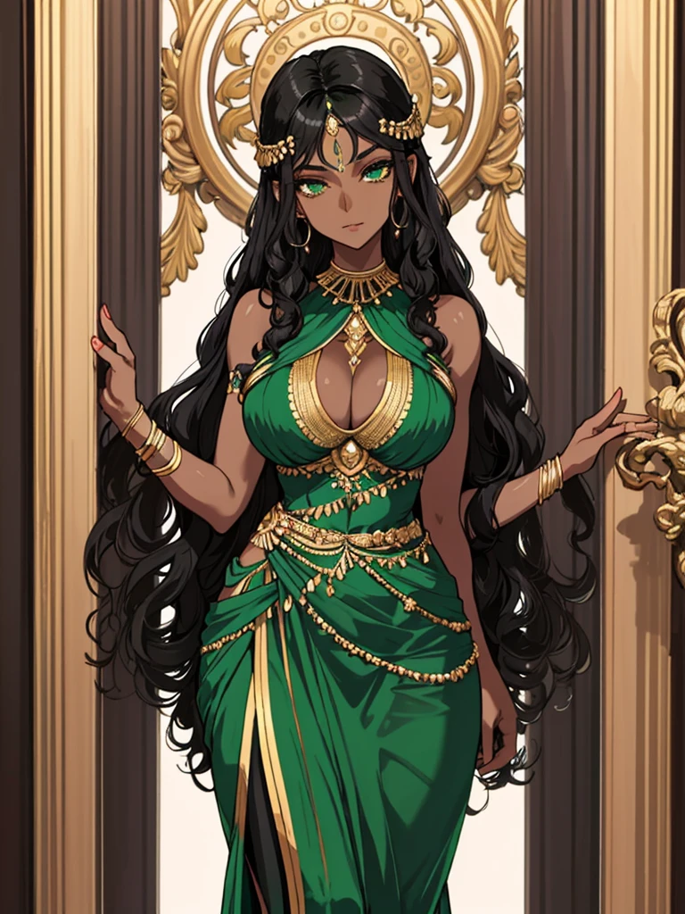 A woman with resplendent black skin, with curly black hair that forms a natural frame, displays emerald green eyes that capture attention. Her body features an elegant slim waist, robust thighs and a delicately , while wearing a stunning Grecian outfit that highlights her unique beauty.