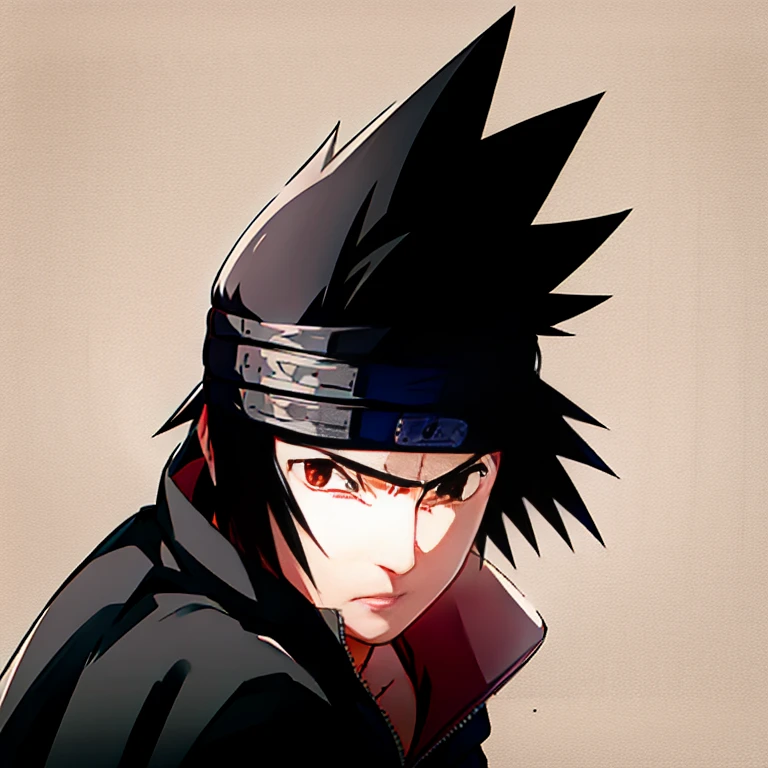 artwork, best quality, ultra-detailed, illustration, Sasuke Uchiha A man with black hair and black eyes looks at the camera with a serious look on his face, black and white image