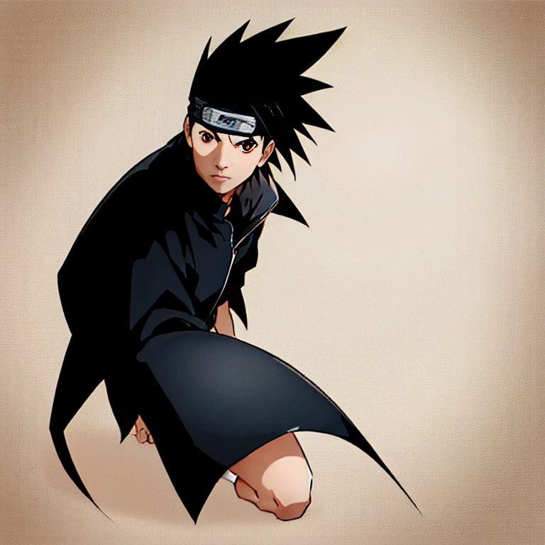 artwork, best quality, ultra-detailed, illustration, Sasuke Uchiha A man with black hair and black eyes looks at the camera with a serious look on his face, black and white image
